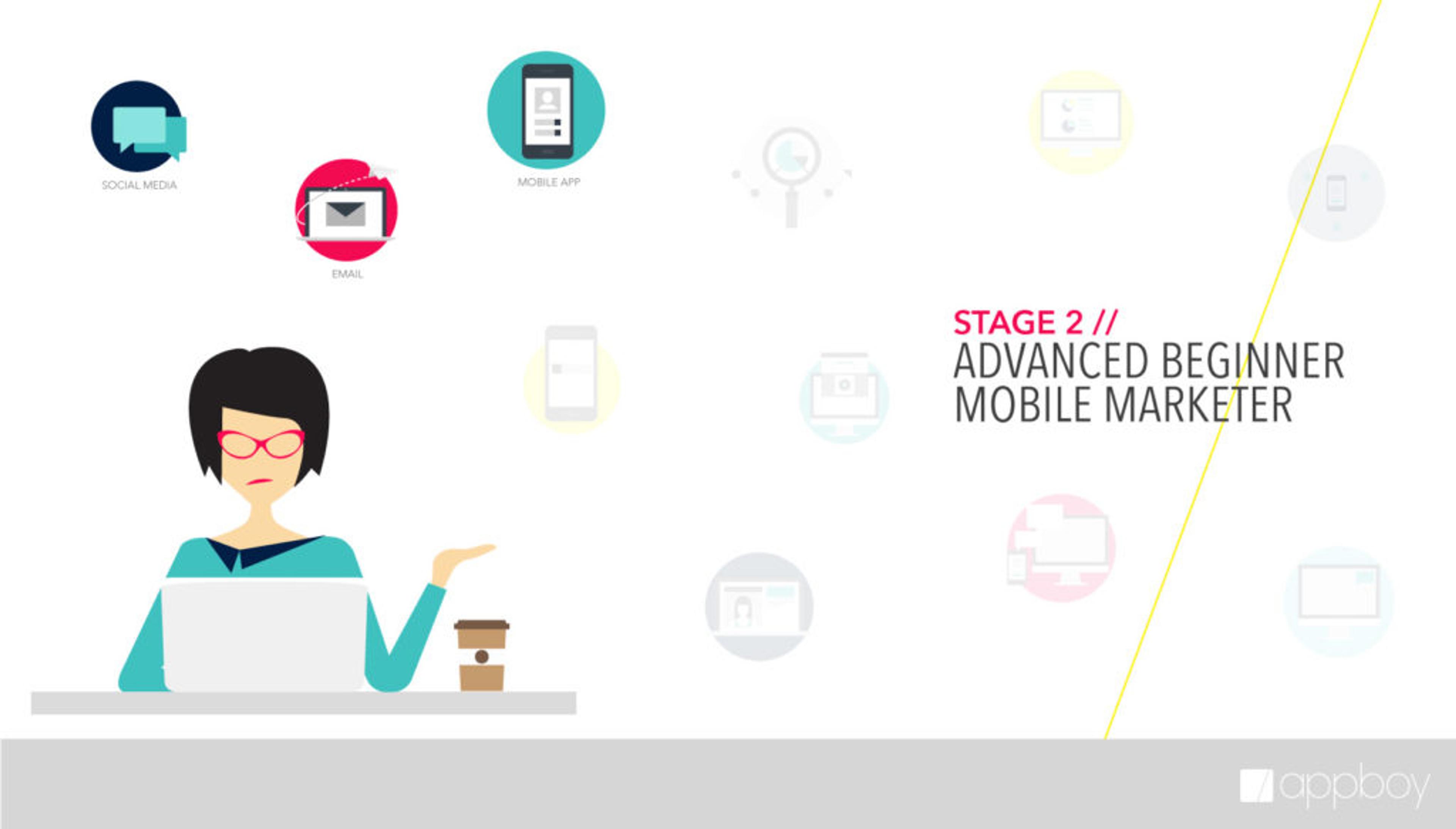 A woman with glasses sits at a desk, looking at a laptop and holding a coffee cup. Icons representing social media, mobile apps, and email are displayed, indicating the theme of mobile marketing.