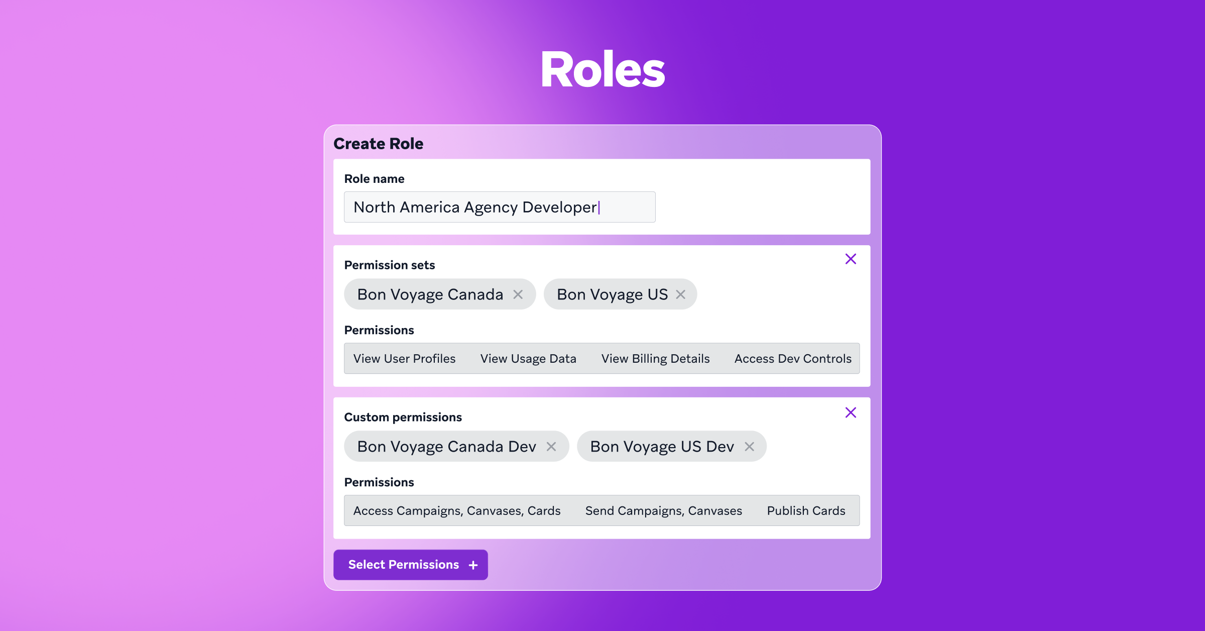 Tela de criação de função com o título "Roles". Exibe campos para nome da função, conjuntos de permissões e permissões personalizadas.
