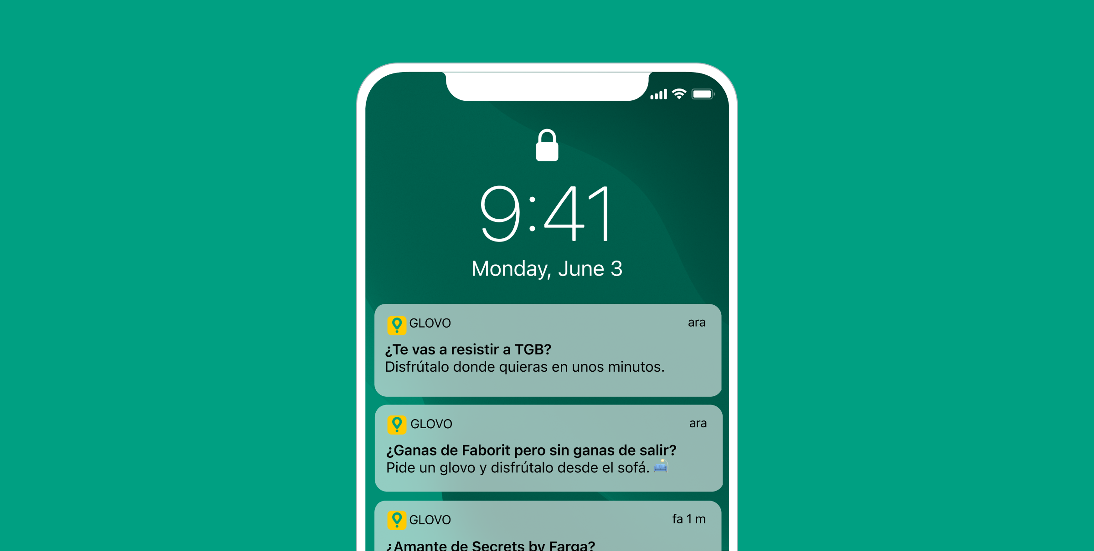 A smartphone screen displaying the time 9:41 on Monday, June 3, with notifications from the Glovo app in Spanish.