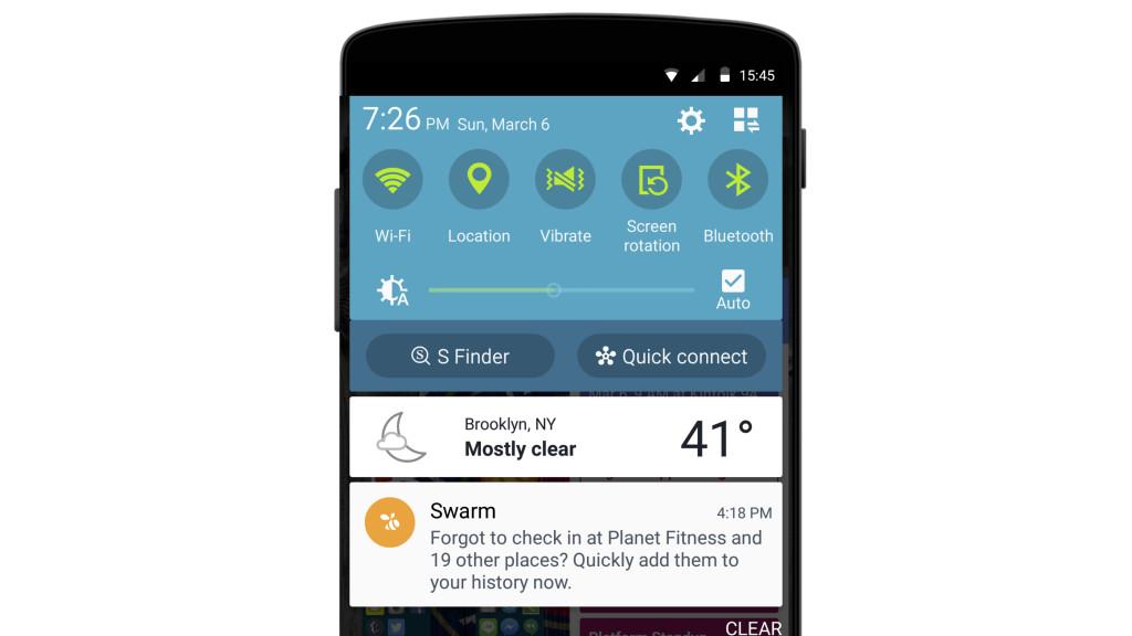 A smartphone screen displaying the notification panel with weather information for Brooklyn, NY, showing mostly clear conditions and a temperature of 41°F. Additional notifications and quick settings icons are visible at the top.