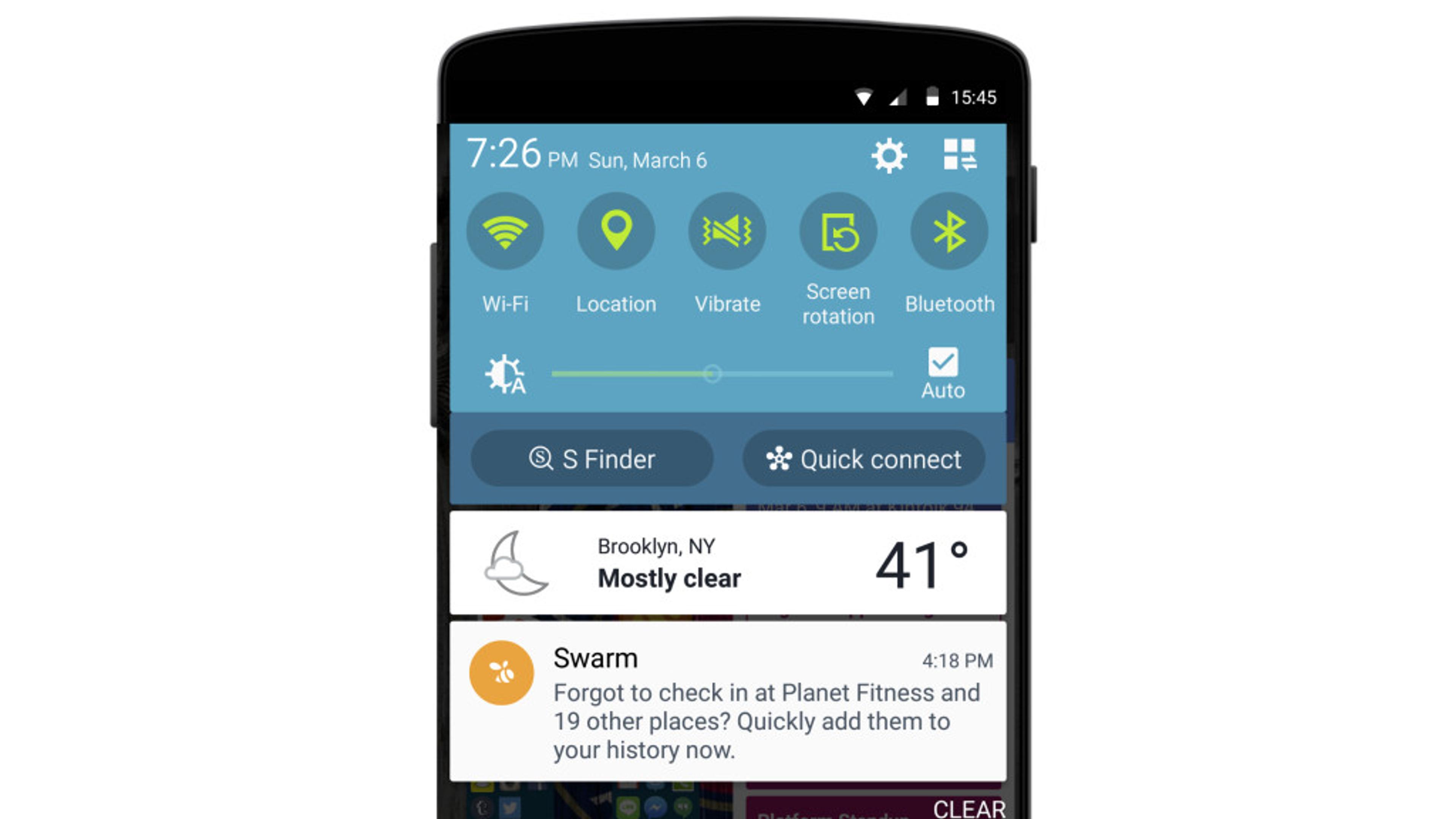 A smartphone screen displaying the notification panel with weather information for Brooklyn, NY, showing mostly clear conditions and a temperature of 41°F. Additional notifications and quick settings icons are visible at the top.