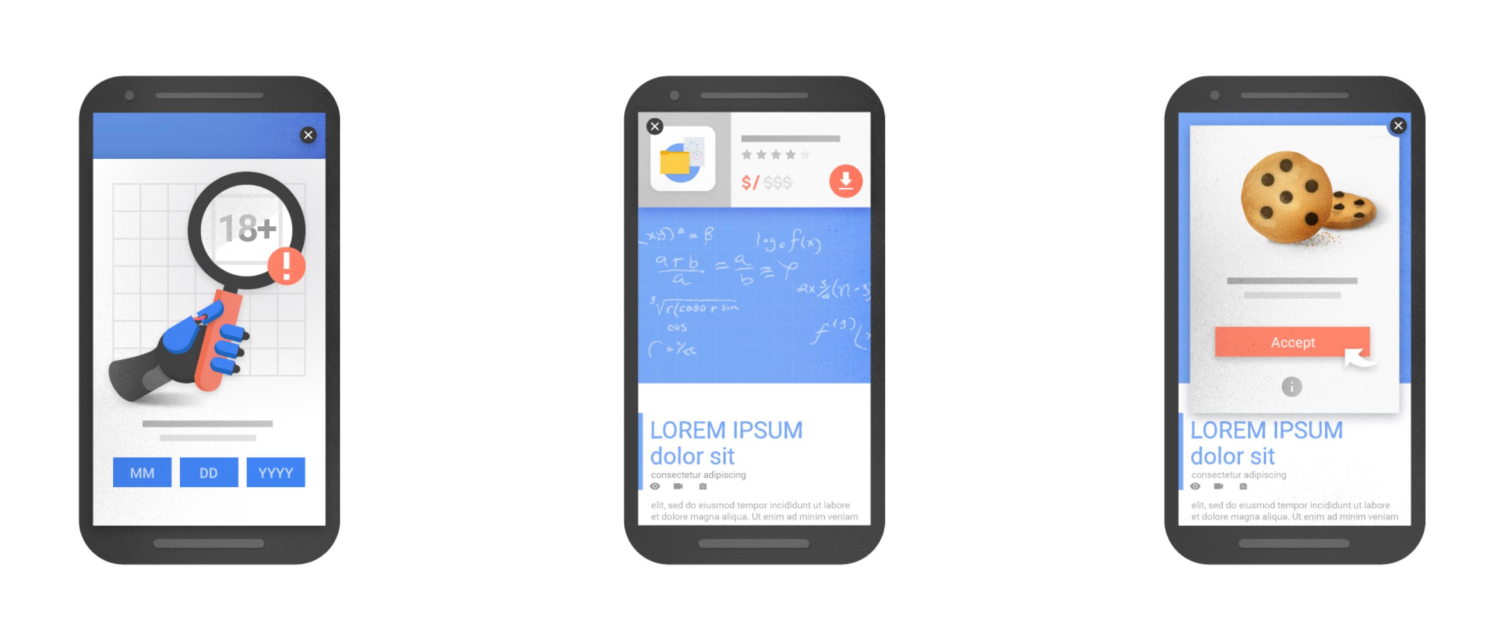 Three smartphone screens displaying different app interfaces: one shows an age verification prompt, the second features a math problem, and the third presents a cookie with an acceptance button.