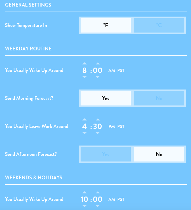 A settings interface displaying options for temperature units, weekday routine wake-up times, and preferences for morning and afternoon weather forecasts. The interface includes specific times for waking up and leaving work.