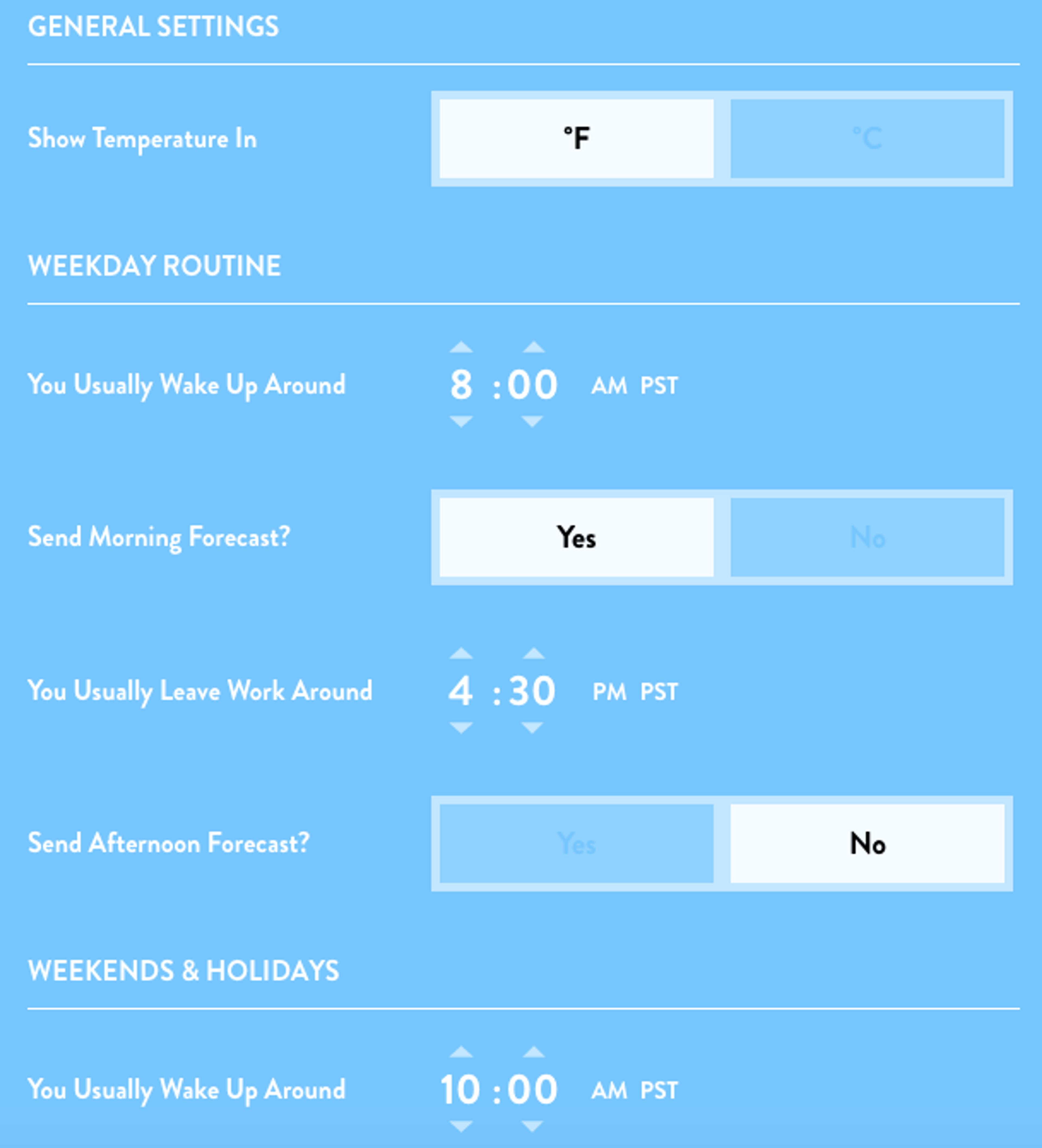 A settings interface displaying options for temperature units, weekday routine wake-up times, and preferences for morning and afternoon weather forecasts. The interface includes specific times for waking up and leaving work.