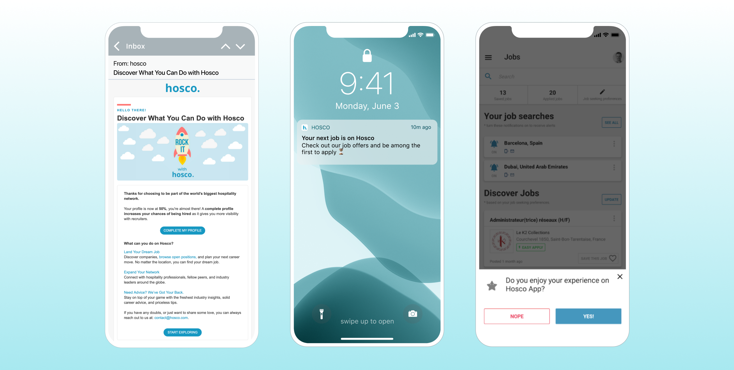 A smartphone screen displaying an email from Hosco about job opportunities, alongside a lock screen showing the time and a job search interface.