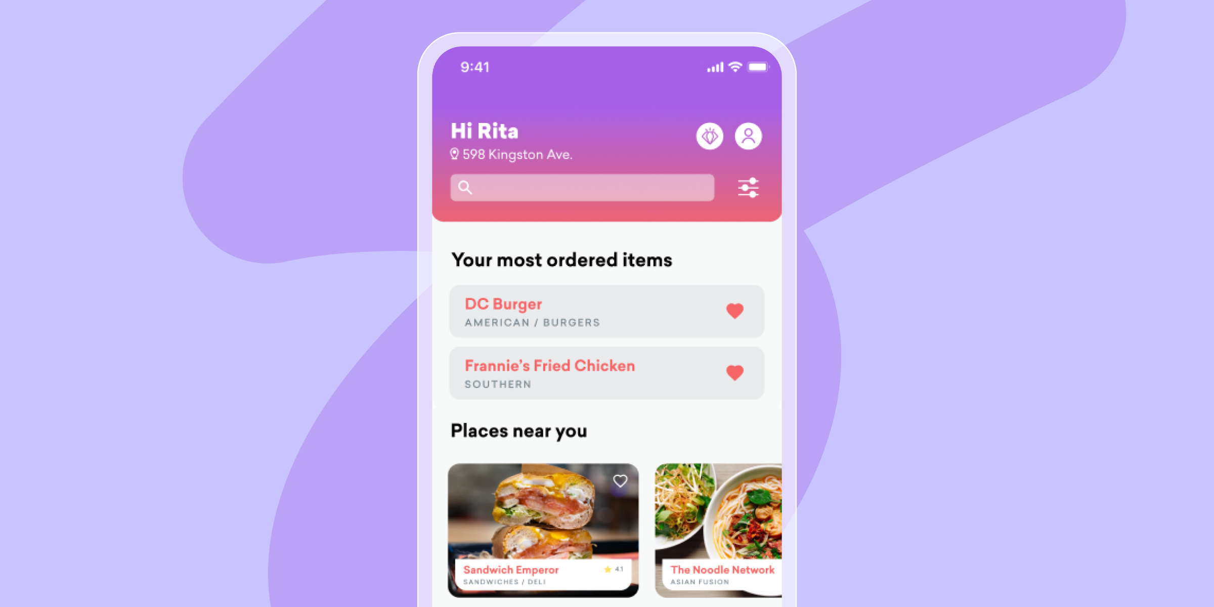 Une application de livraison de repas montrant les plats les plus commandés par l’utilisateur et l’incitant à commander à nouveau