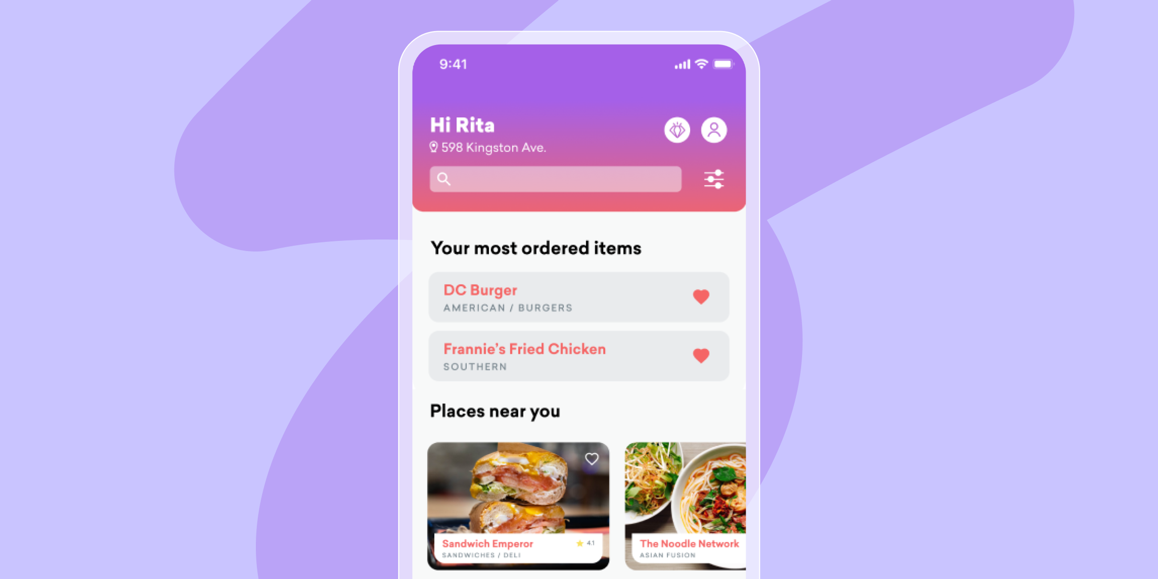 Une application de livraison de repas montrant les plats les plus commandés par l’utilisateur et l’incitant à commander à nouveau