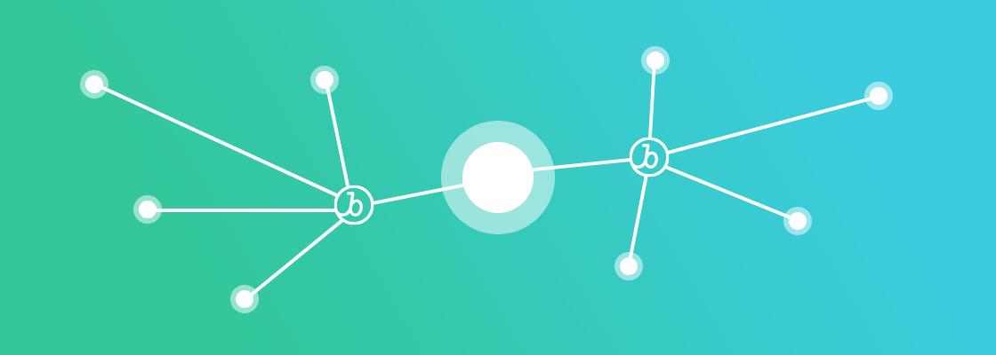 A graphic illustration of interconnected nodes with a central white circle, set against a gradient blue-green background. The nodes are labeled with the letter "b.