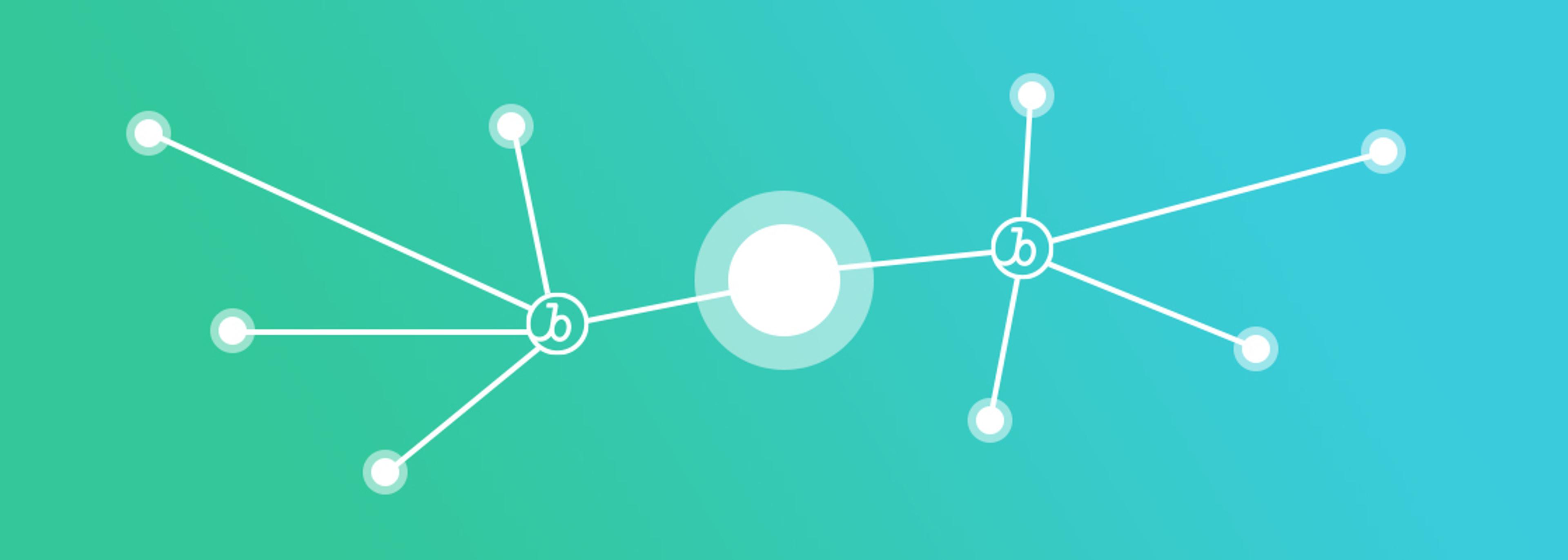A graphic illustration of interconnected nodes with a central white circle, set against a gradient blue-green background. The nodes are labeled with the letter "b.