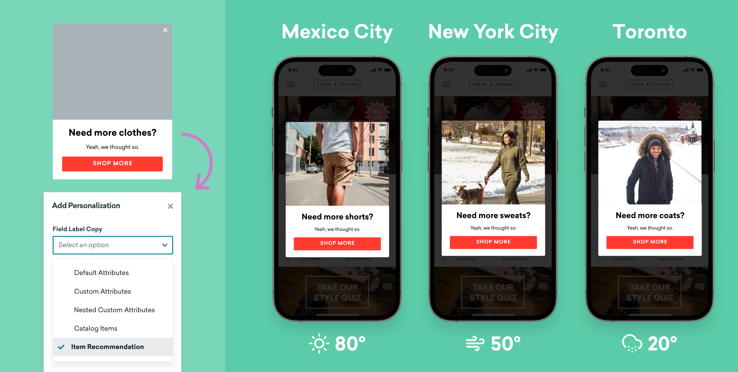 メキシコシティ、ニューヨークシティ、トロントの気温を示す3つのスマートフォン画面が並んでいます。各都市での服の提案が表示されています。