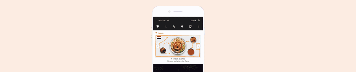 A mobile phone displaying a food app with a central dish, several side dishes connected by lines, and accompanying text.