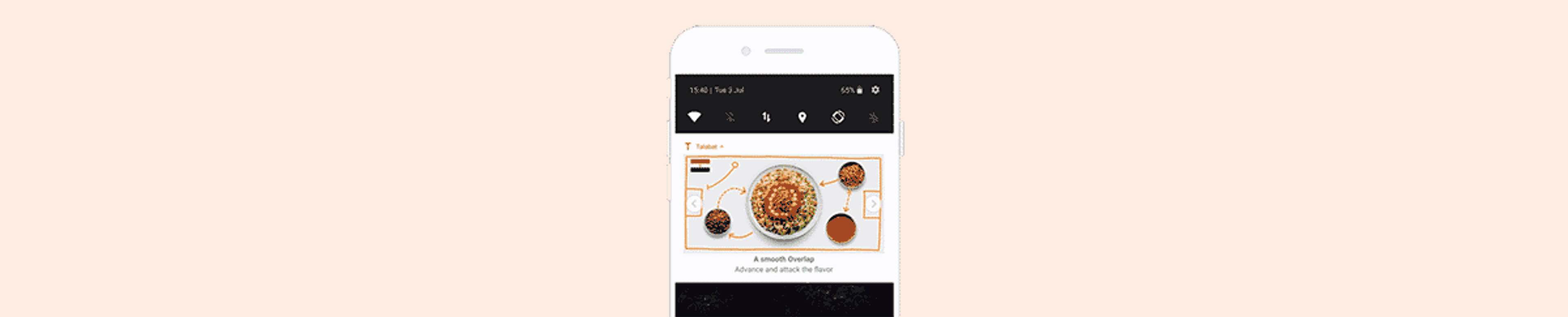 A mobile phone displaying a food app with a central dish, several side dishes connected by lines, and accompanying text.