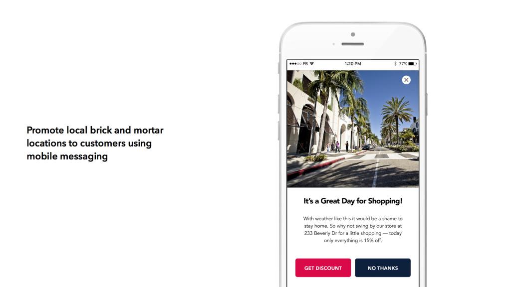 A smartphone displaying a promotional message for local shopping, featuring a sunny street scene with palm trees. The message encourages customers to visit a specific store for a discount.