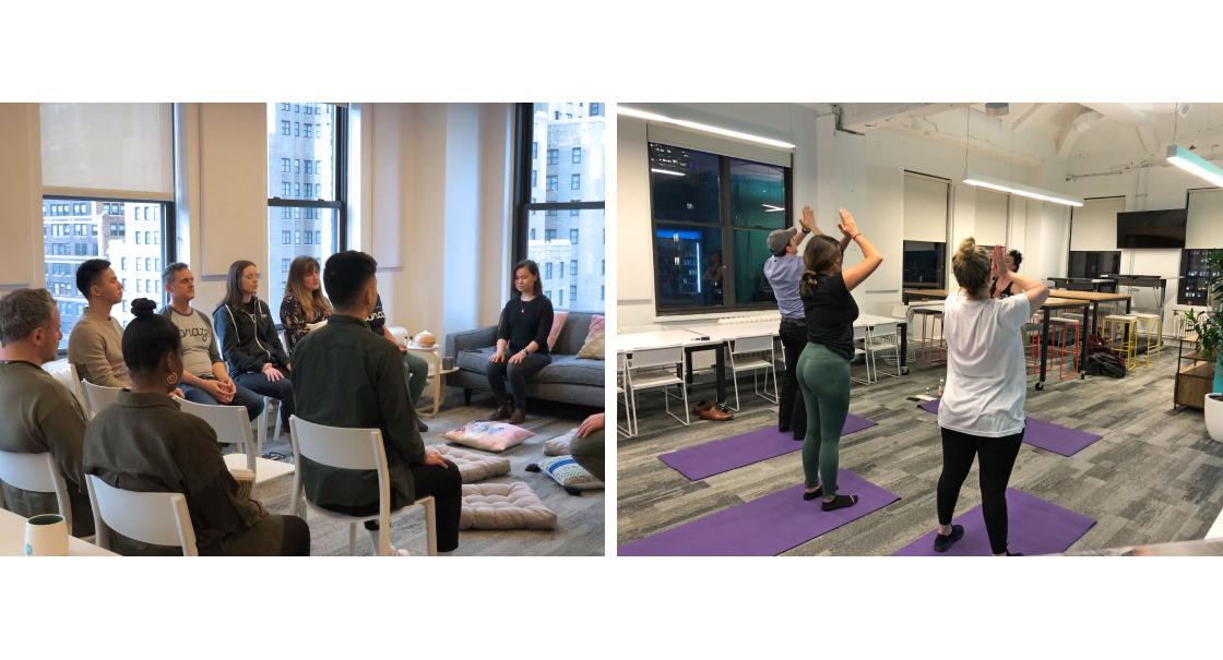 A group of people participating in a mindfulness session on the left, and another group engaged in a fitness class on the right, both in a modern office setting.