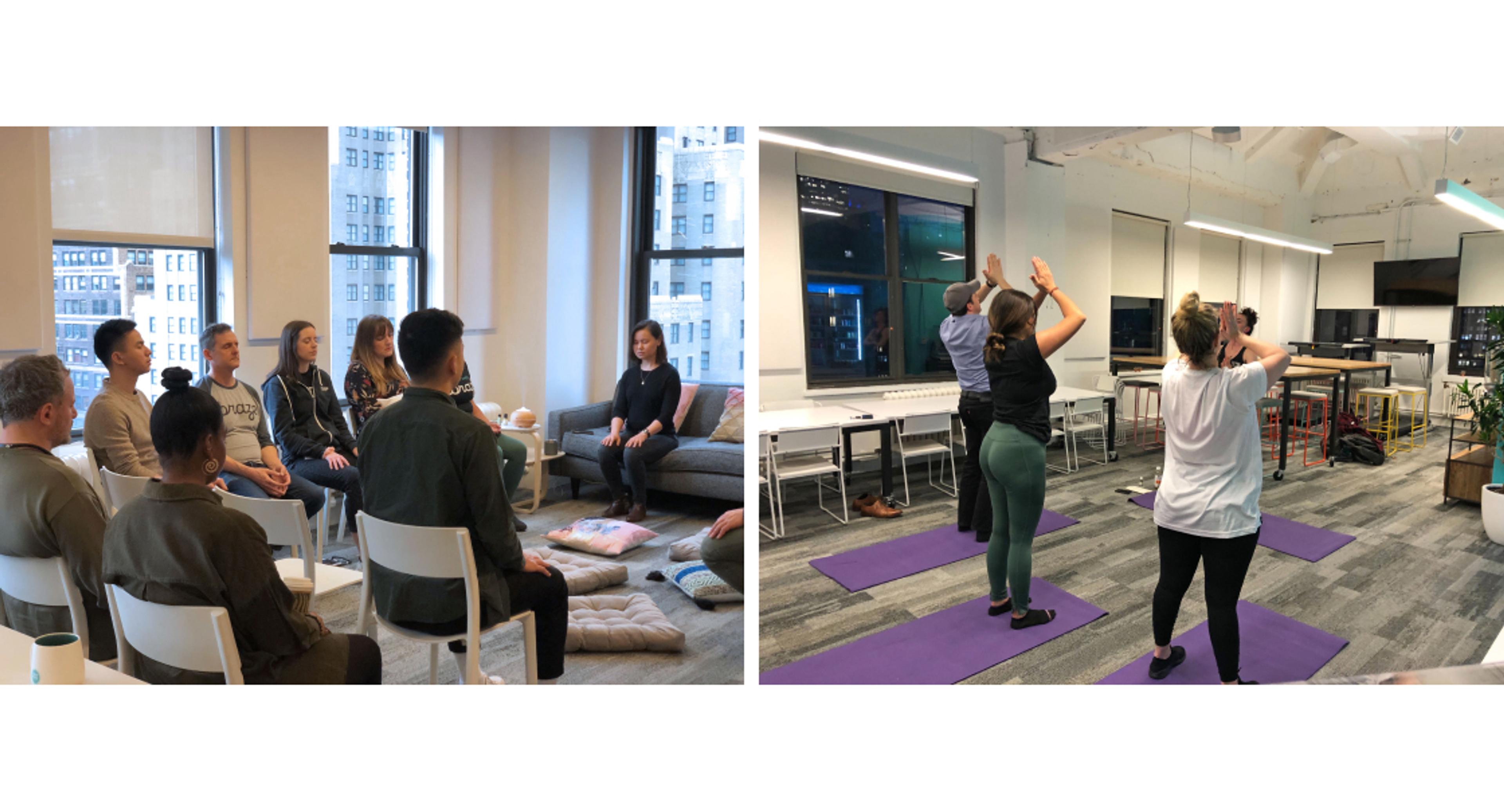 A group of people participating in a mindfulness session on the left, and another group engaged in a fitness class on the right, both in a modern office setting.
