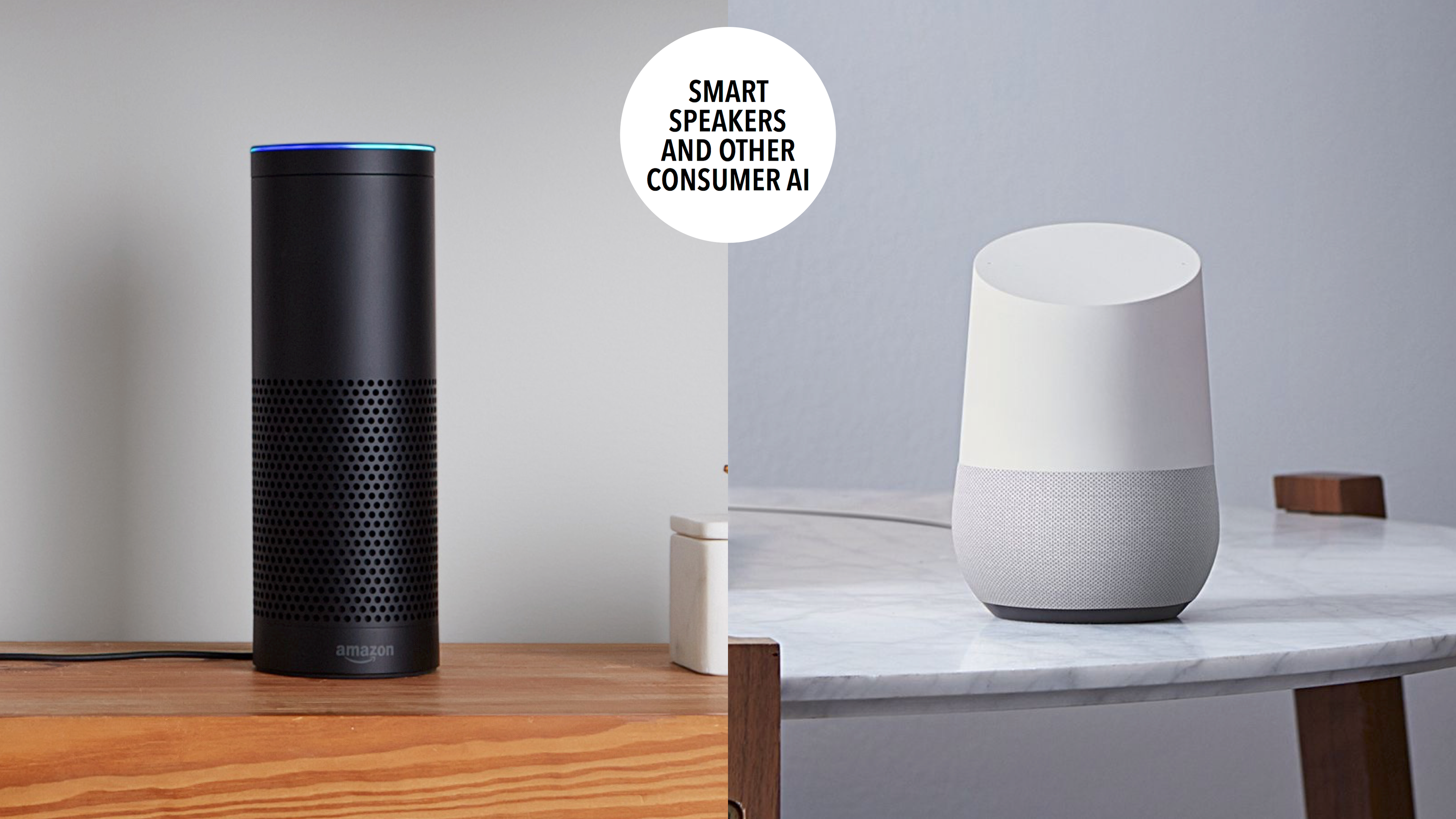 A black smart speaker on a wooden surface next to a white smart speaker on a marble table. Both devices represent consumer AI technology.