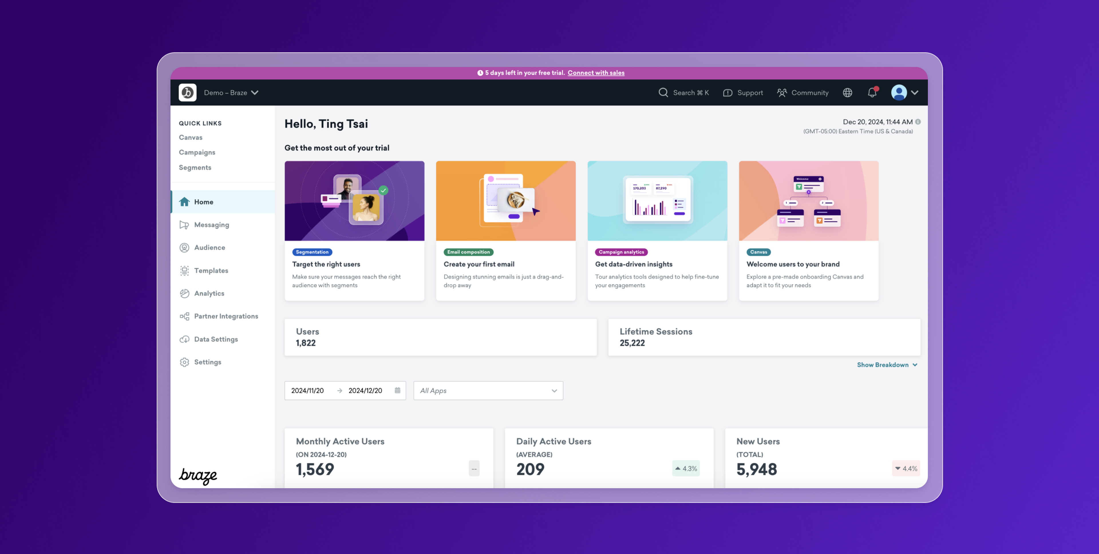 a computer screen shows a dashboard with a purple background