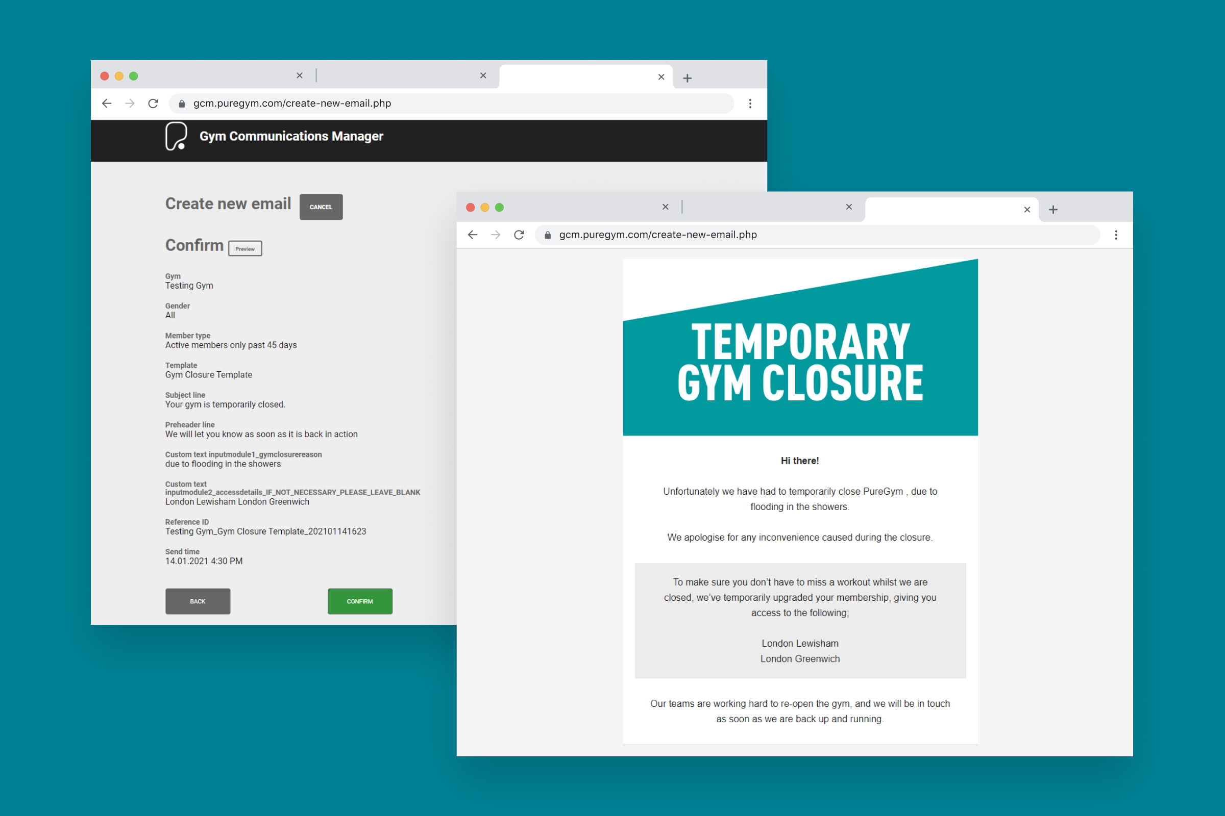 Dos ventanas del navegador muestran un correo electrónico de cierre del gimnasio: una muestra la interfaz de creación del correo electrónico con los detalles de confirmación y la otra muestra el correo electrónico finalizado de "Cierre temporal del gimnasio".