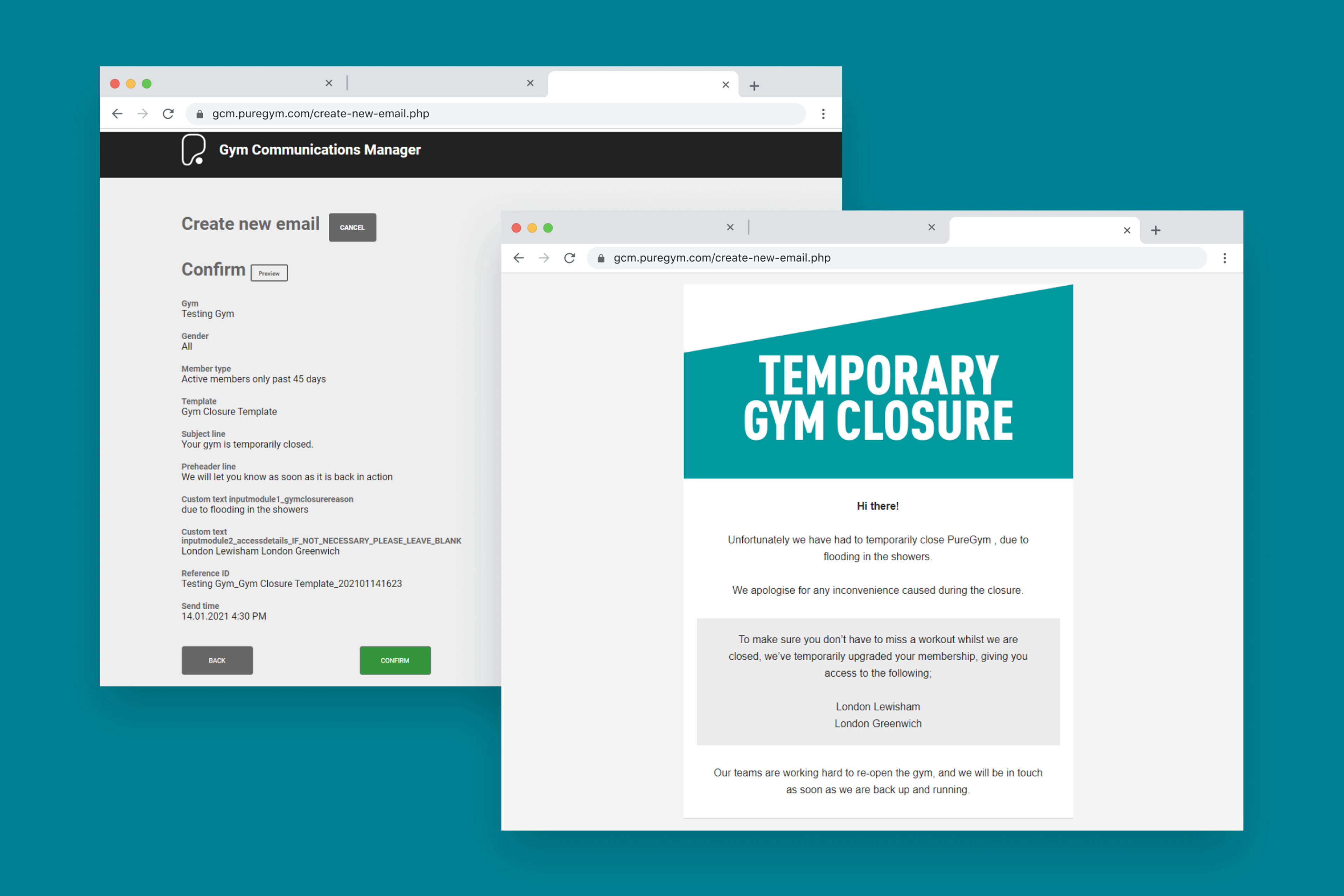 Dos ventanas del navegador muestran un correo electrónico de cierre del gimnasio: una muestra la interfaz de creación del correo electrónico con los detalles de confirmación y la otra muestra el correo electrónico finalizado de "Cierre temporal del gimnasio".