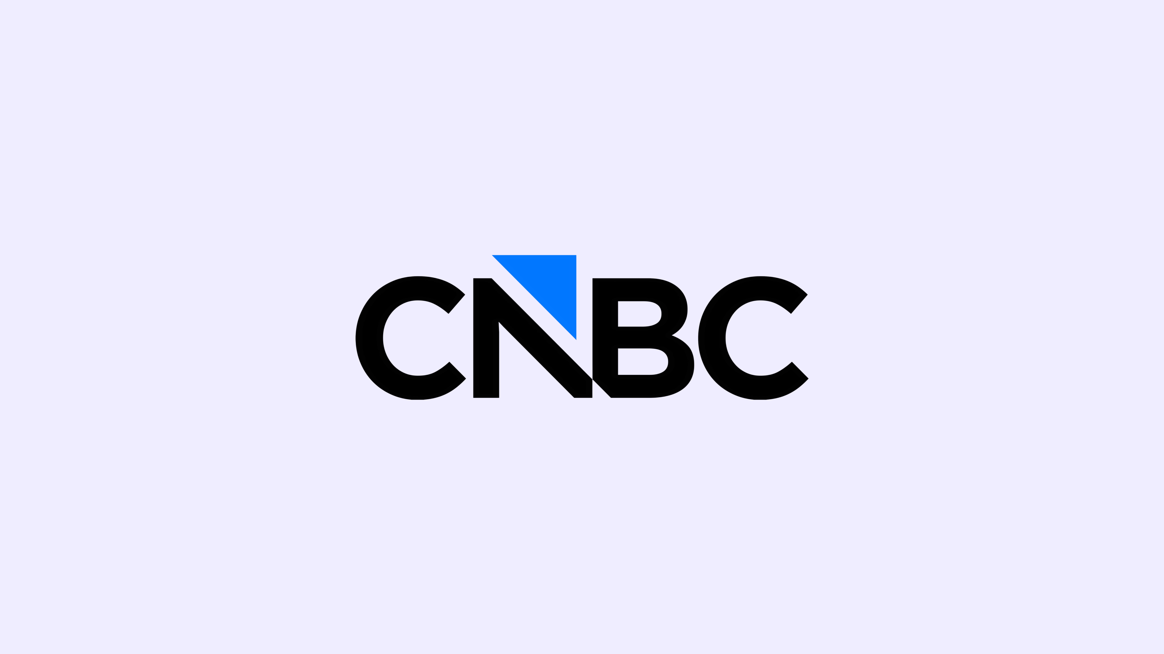 Logo of CNBC featuring the letters "CNBC" in black with a blue triangular shape. The background is light purple.