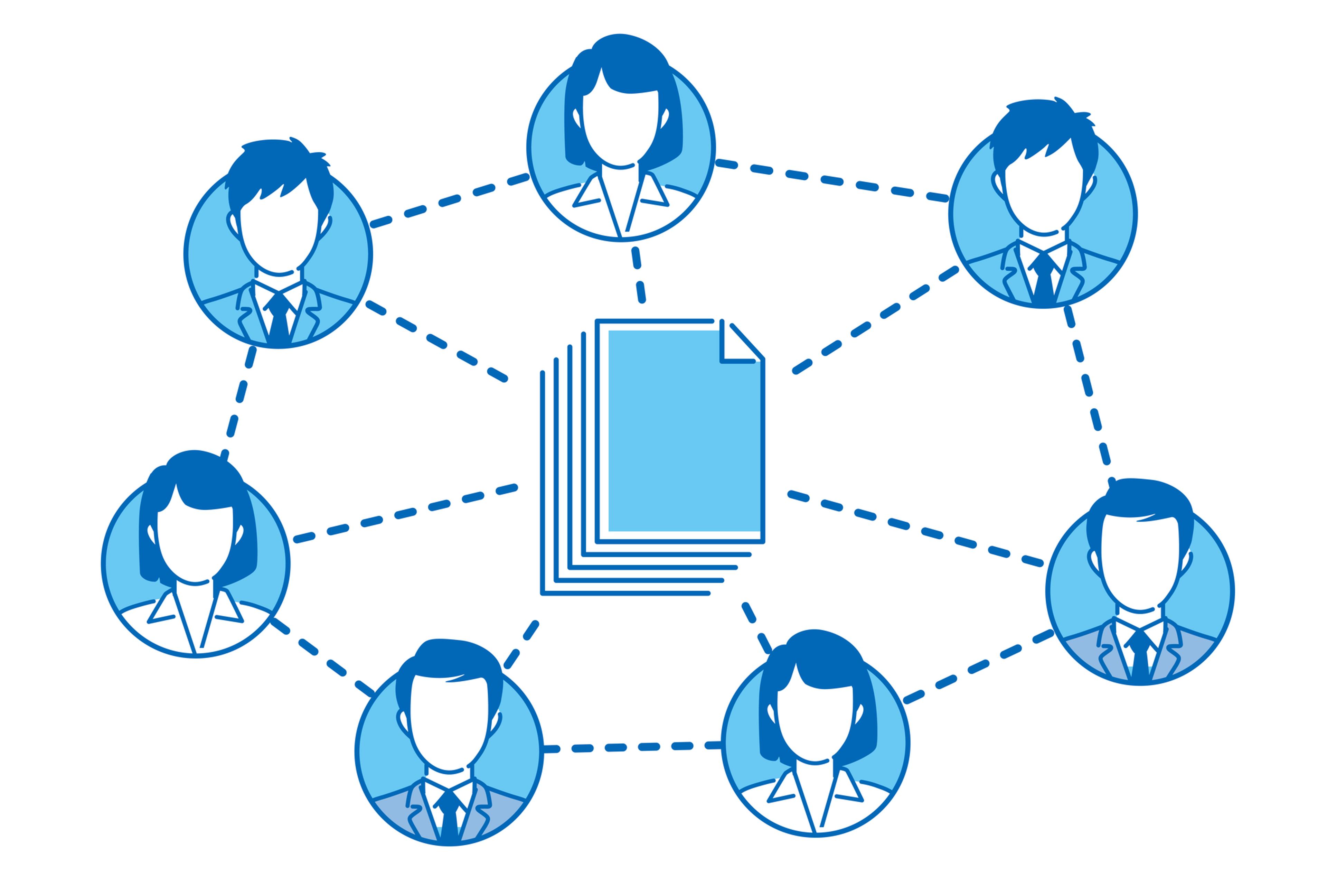 a group of people are connected to each other and a stack of papers .
