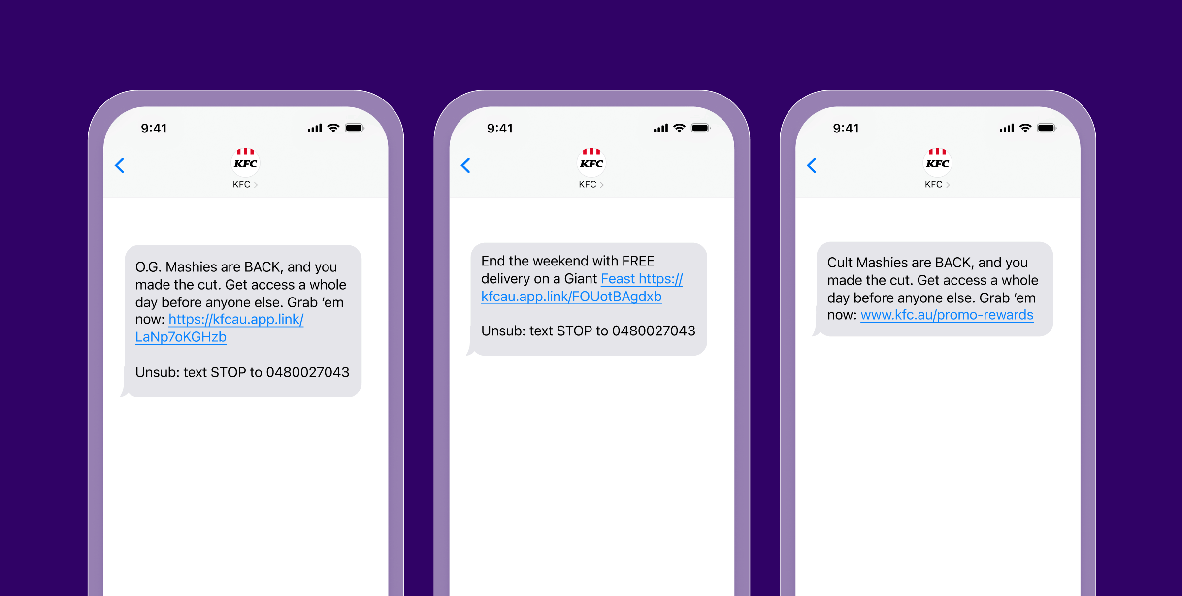 3 telas de telefone mostrando mensagens de texto do KFC