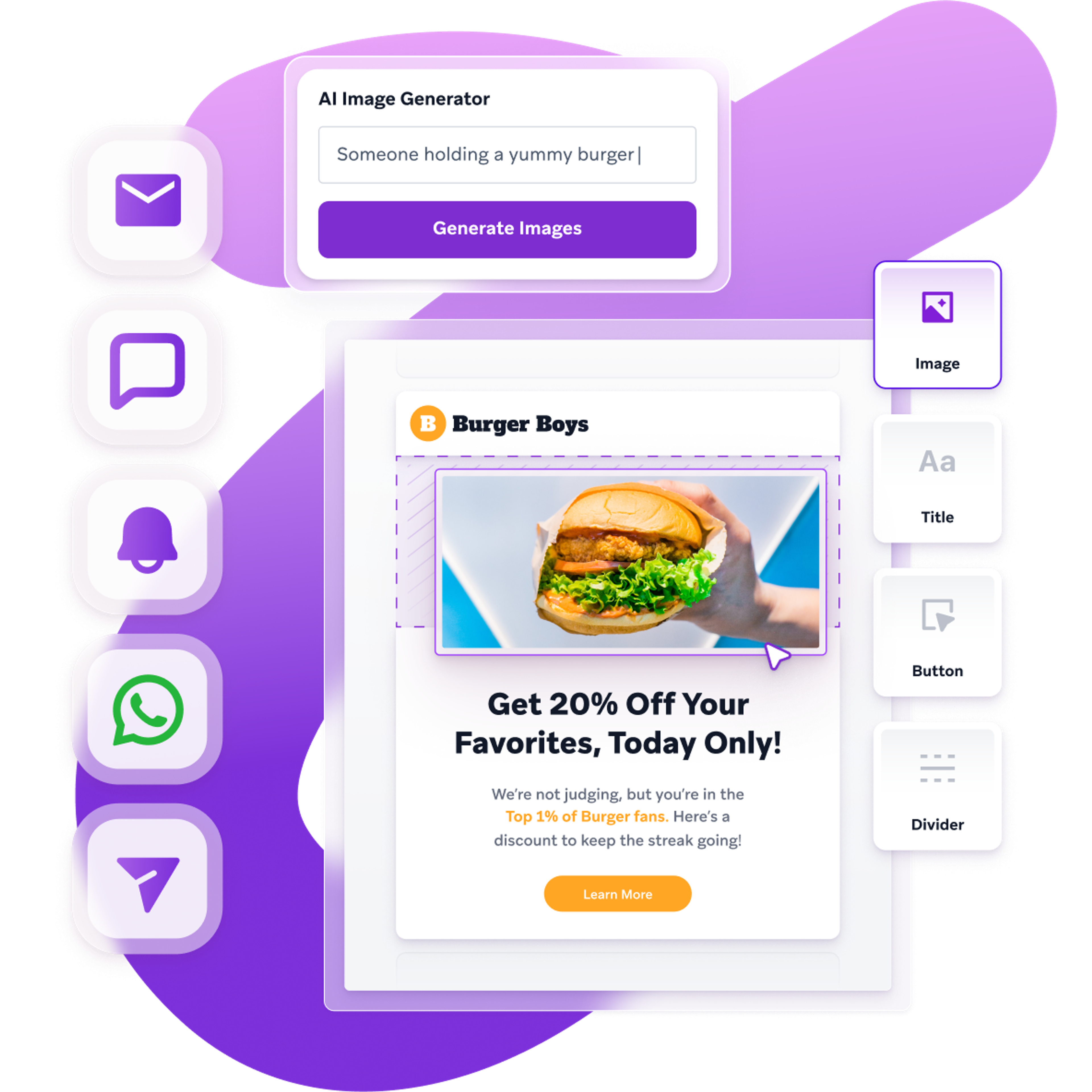 Mensagens unificadas em vários canais, com um anúncio da burger boys que diz ganhe 20% de desconto nos seus produtos favoritos só hoje