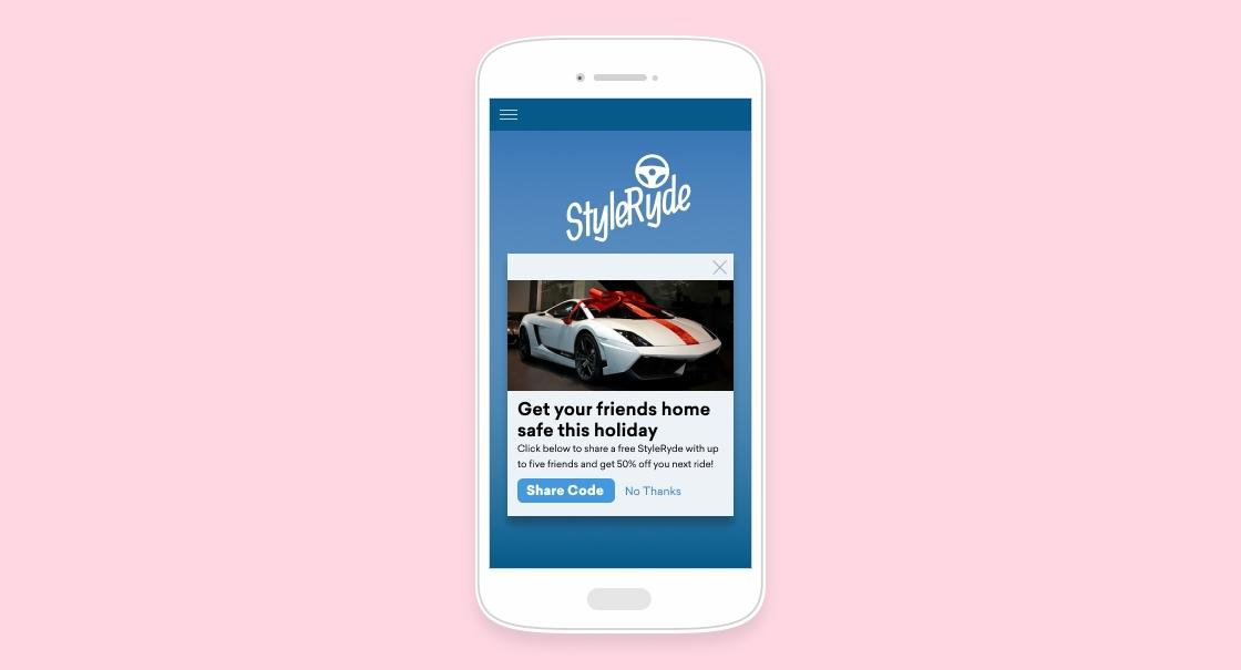 A smartphone displaying a promotional message for StyleRude, featuring a white sports car and options to share a code or decline. The background is light pink.