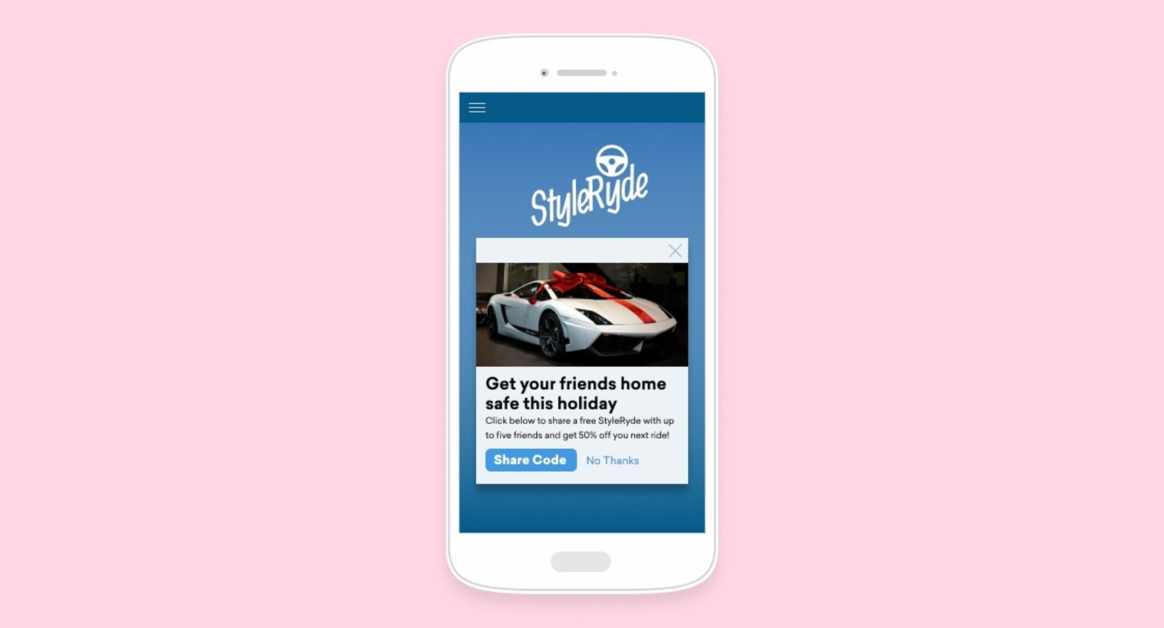 A smartphone displaying a promotional message for StyleRude, featuring a white sports car and options to share a code or decline. The background is light pink.
