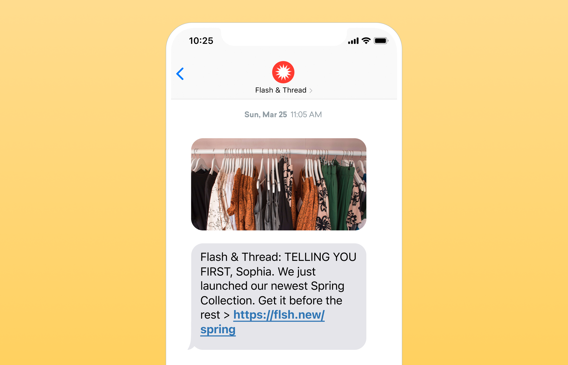 A smartphone screen displaying a text message about a new Spring Collection launch from Flash & Thread, with a preview of clothing items in the background.