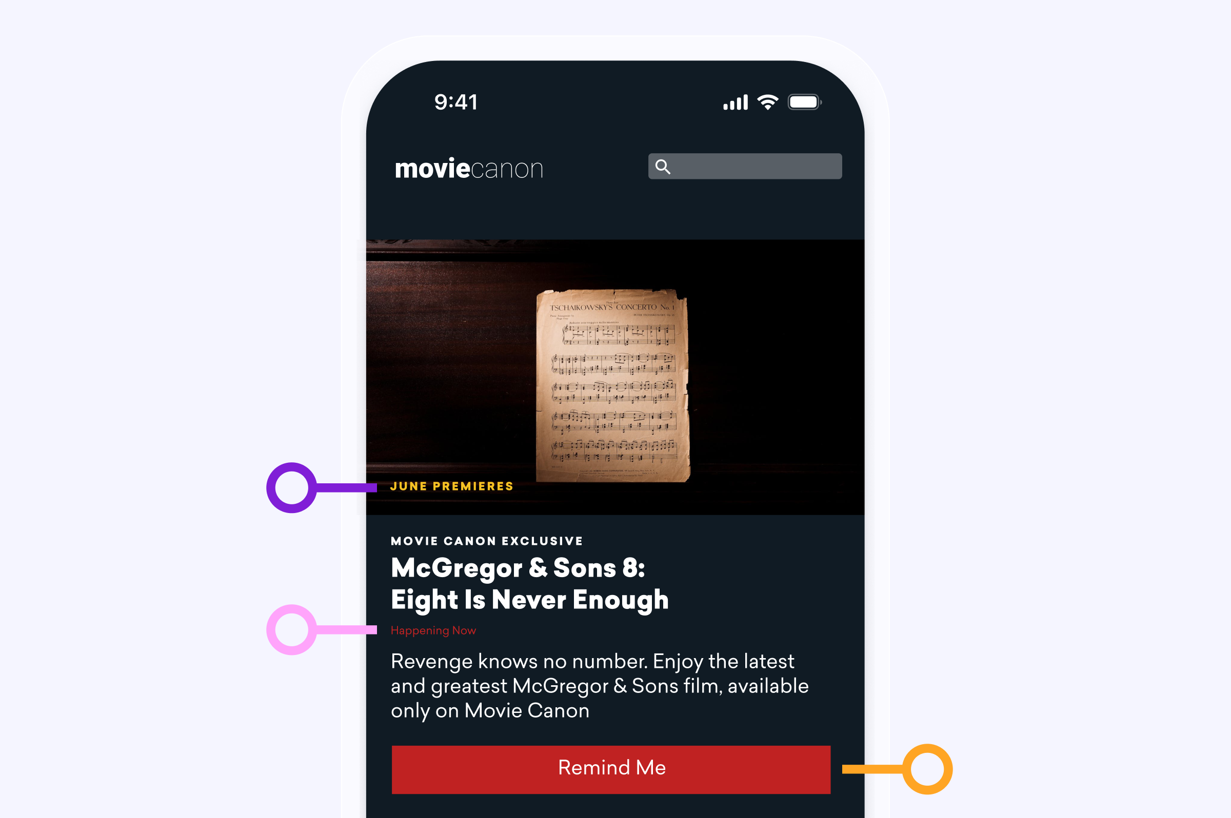 A mobile phone screen displaying a movie streaming service with a promotional banner for "McGregor & Sons 8: Eight Is Never Enough." The banner includes a reminder button and a handwritten note image.