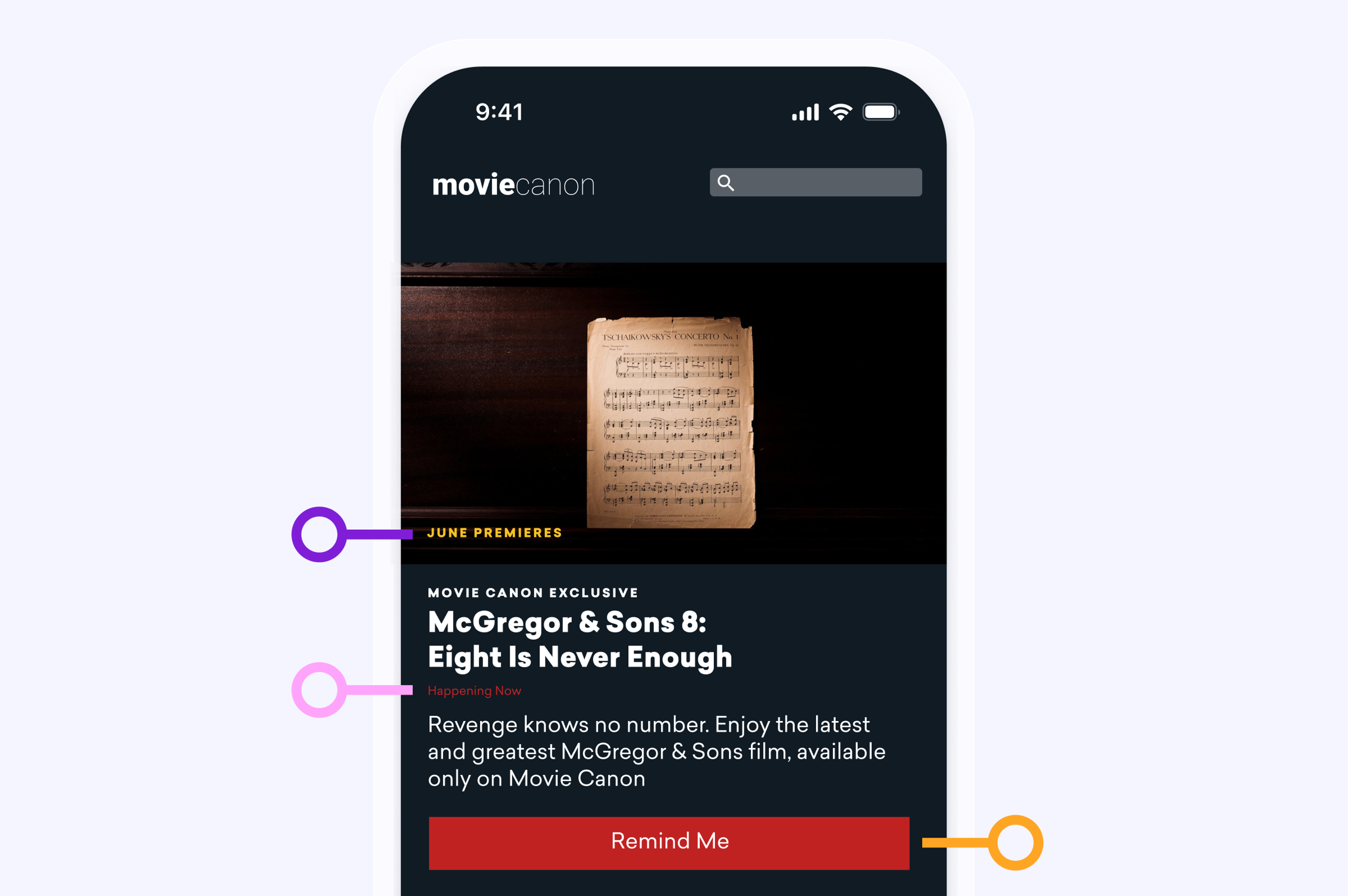 A mobile phone screen displaying a movie streaming service with a promotional banner for "McGregor & Sons 8: Eight Is Never Enough." The banner includes a reminder button and a handwritten note image.