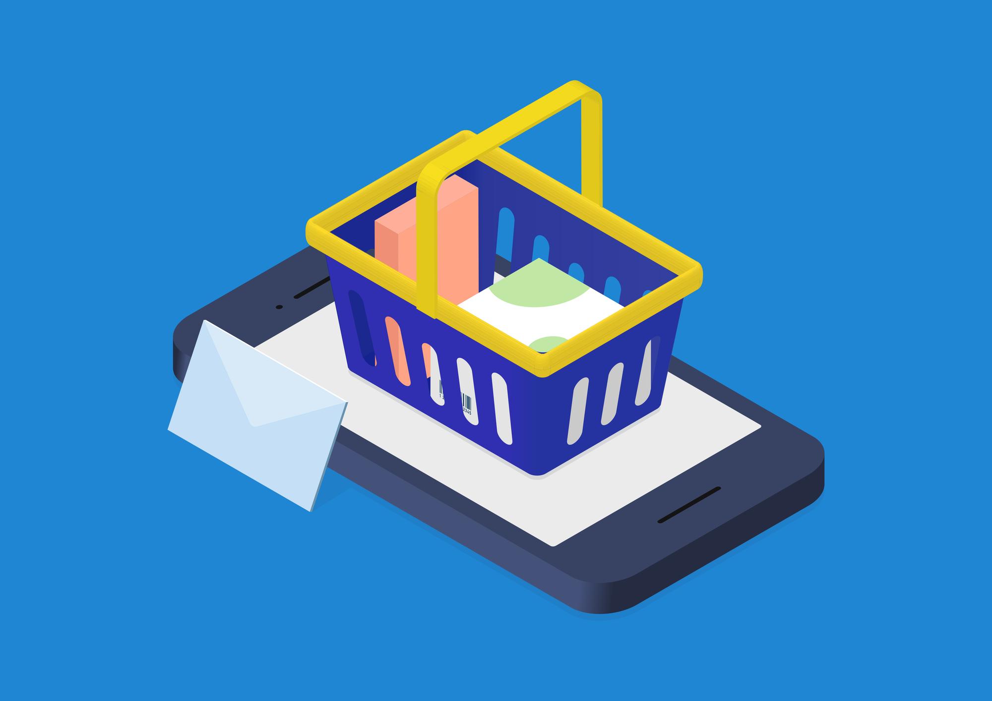 スマートフォンの上に置かれた買い物かごと封筒のイラスト。買い物かごには様々な商品が入っています。