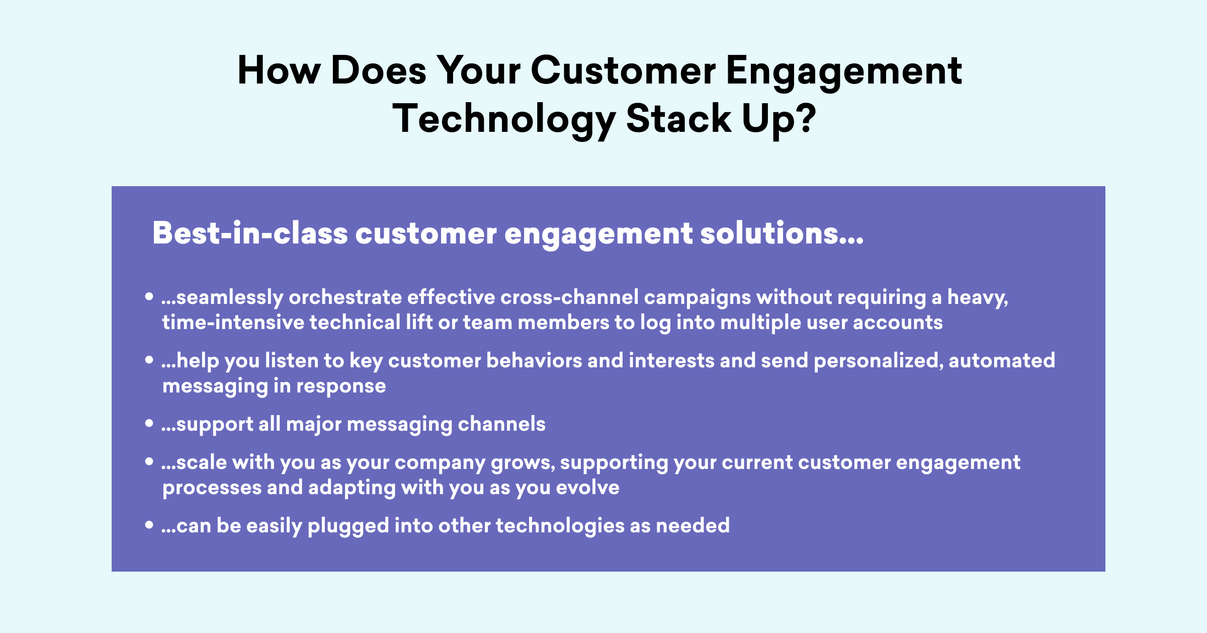 Text on a purple background discussing customer engagement technology solutions, highlighting seamless orchestration of campaigns, personalized messaging, and scalability with other technologies.