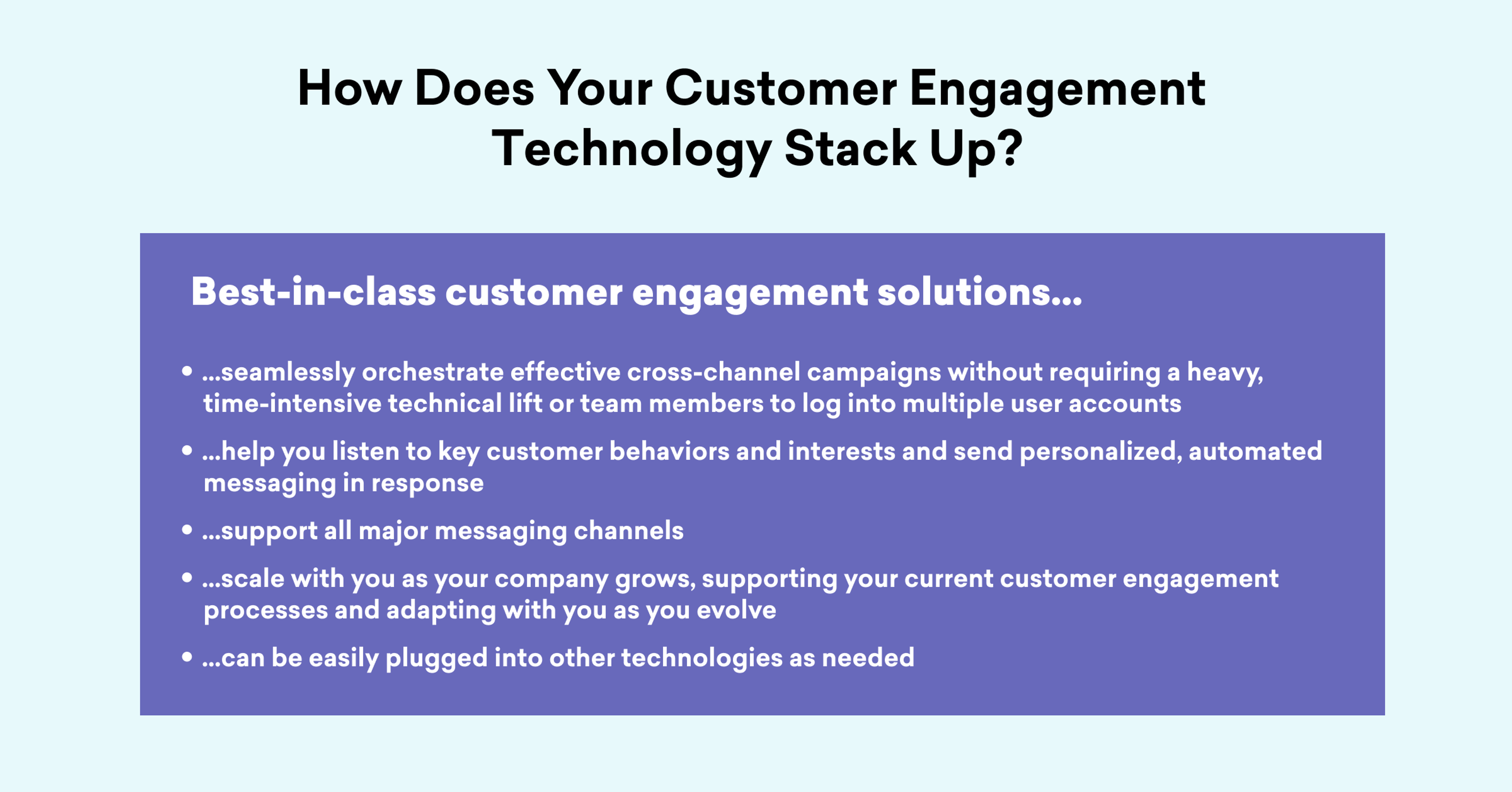Text on a purple background discussing customer engagement technology solutions, highlighting seamless orchestration of campaigns, personalized messaging, and scalability with other technologies.