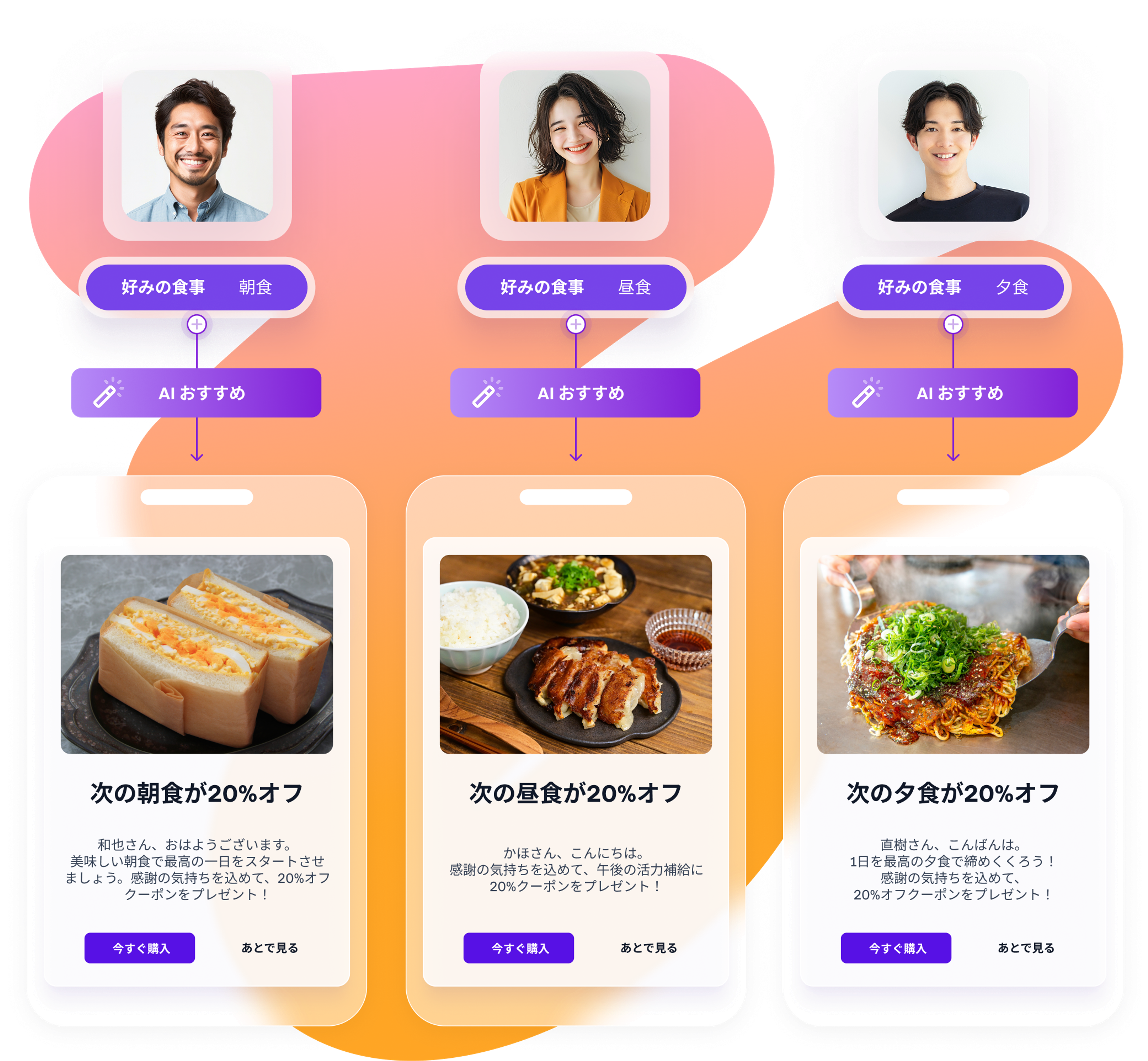 three cell phones are displaying different types of food