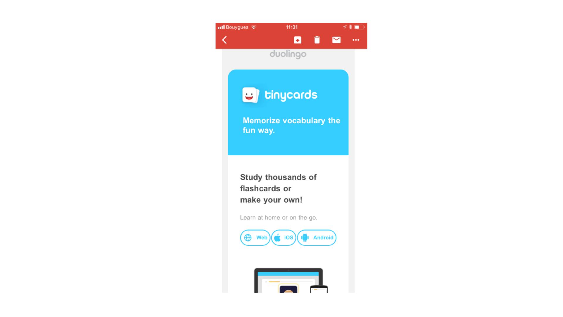 An email from Duolingo promoting Tinycards, a vocabulary memorization tool. It invites users to study flashcards or create their own.