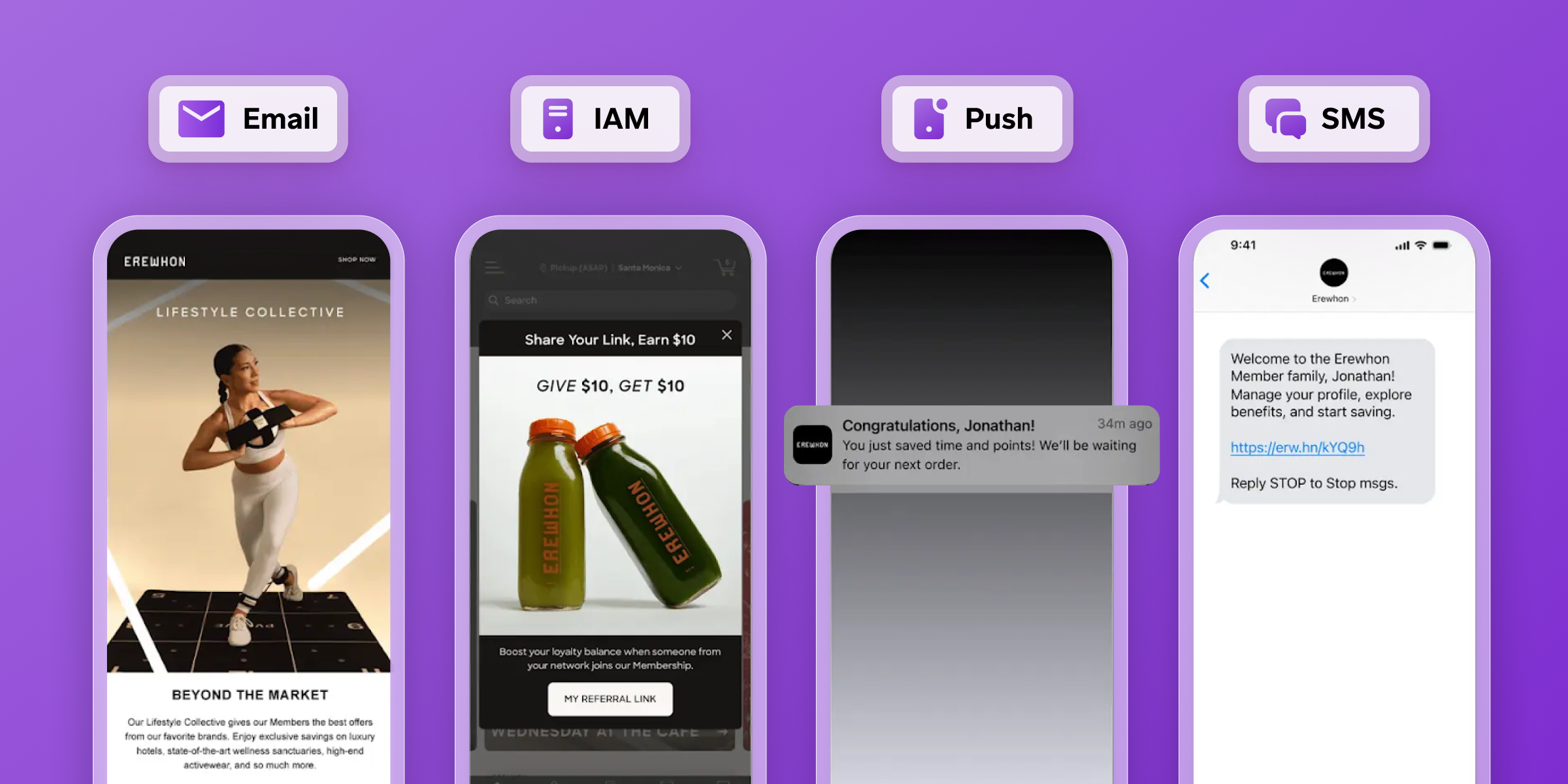 Cuatro teléfonos móviles que muestran comunicaciones por correo electrónico, mensajería dentro de la aplicación, notificaciones push y SMS, todas ellas con la marca Erewhon.