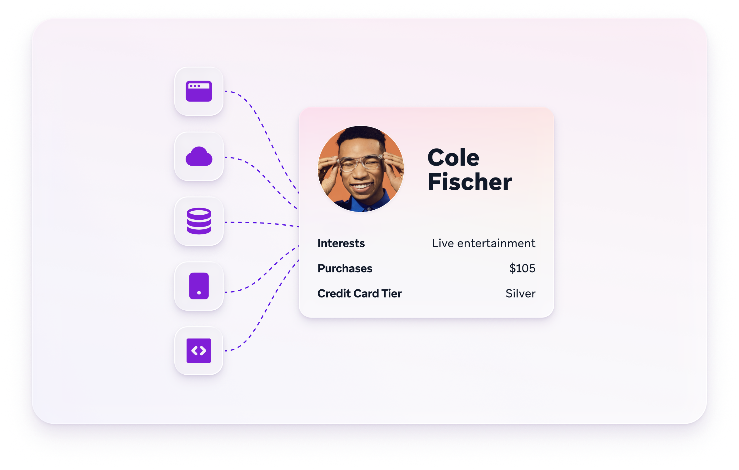 Customer profile for Cole Fischer showing live entertainment interests, $105 in purchases, and Silver credit card tier, connected to multiple data sources.