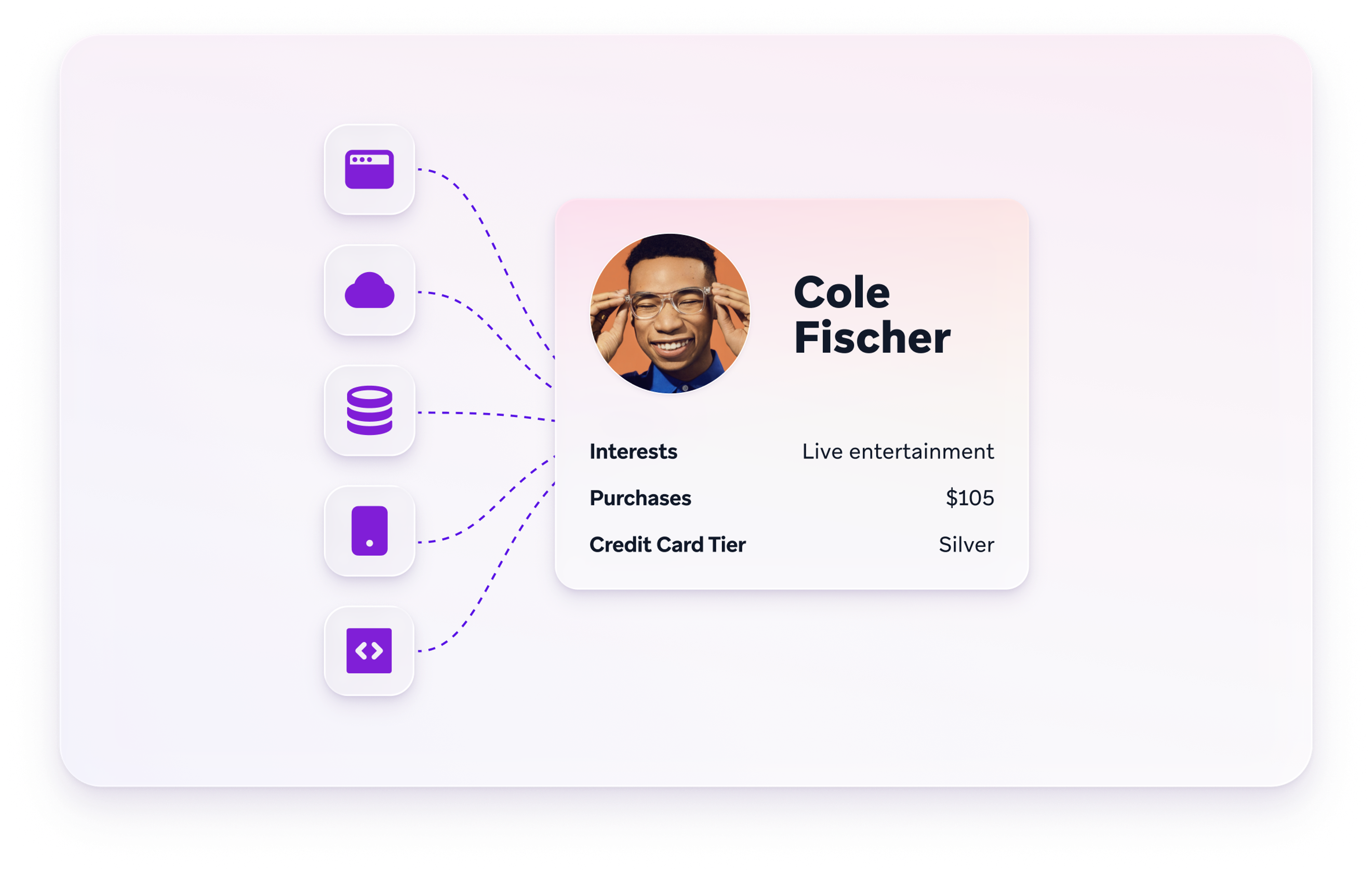 Customer profile for Cole Fischer showing live entertainment interests, $105 in purchases, and Silver credit card tier, connected to multiple data sources.