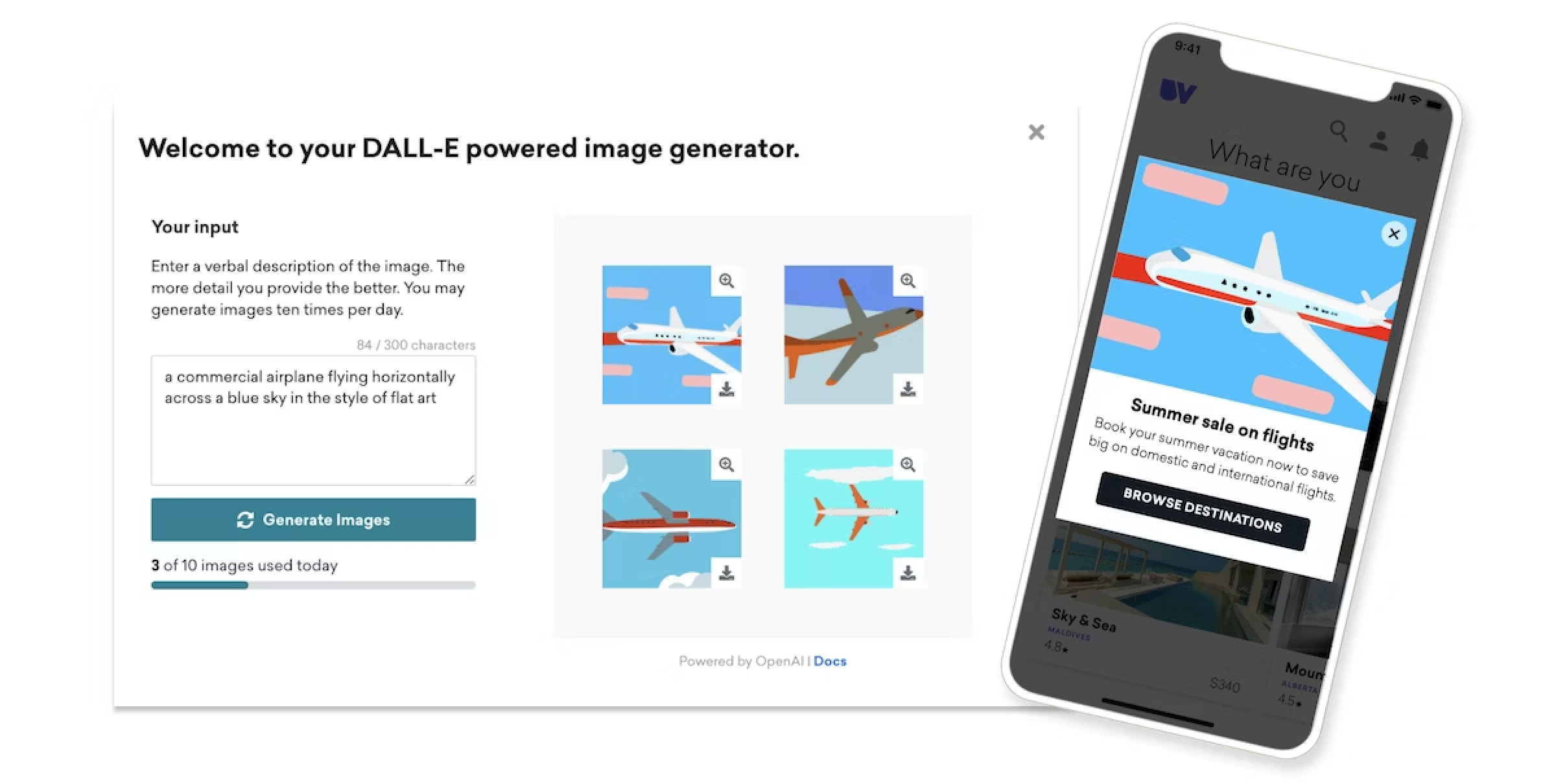 DALL·Eを使った画像生成ツールの画面。左側に航空機の画像が並び、右側にはスマートフォンの画面が表示されている。