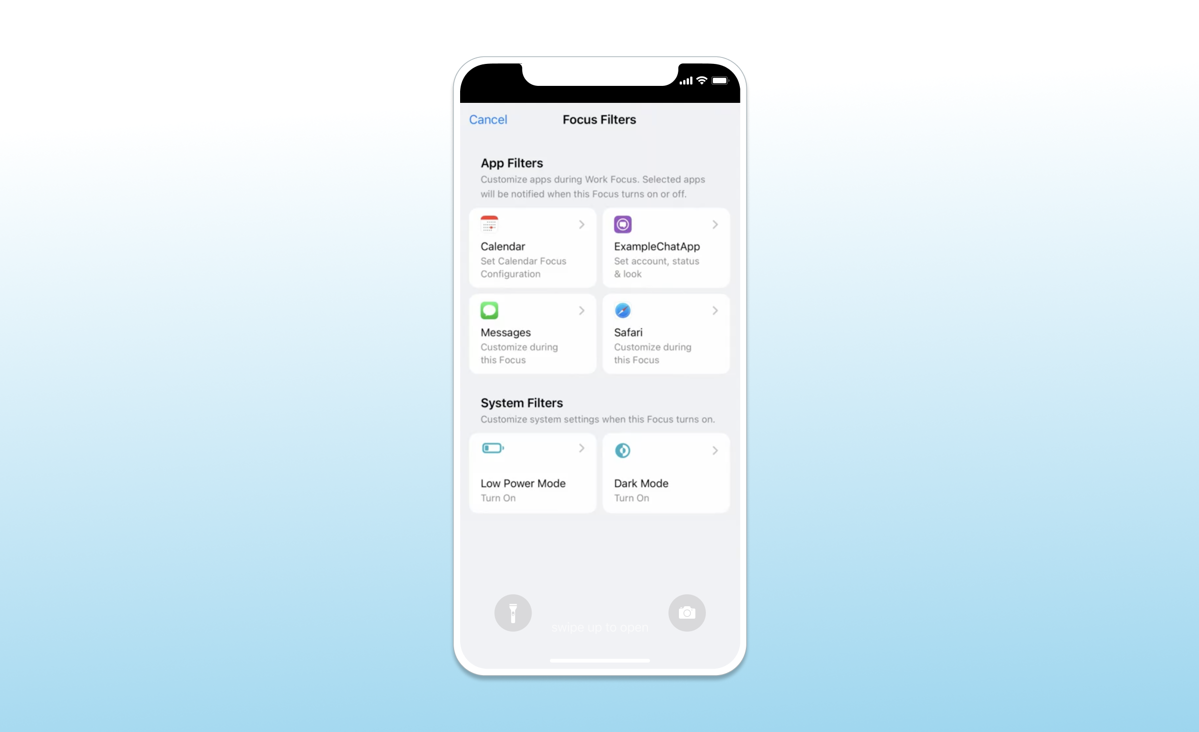 A smartphone screen displaying the Focus Filters settings, showing options for customizing app filters and system settings like Low Power Mode and Dark Mode.