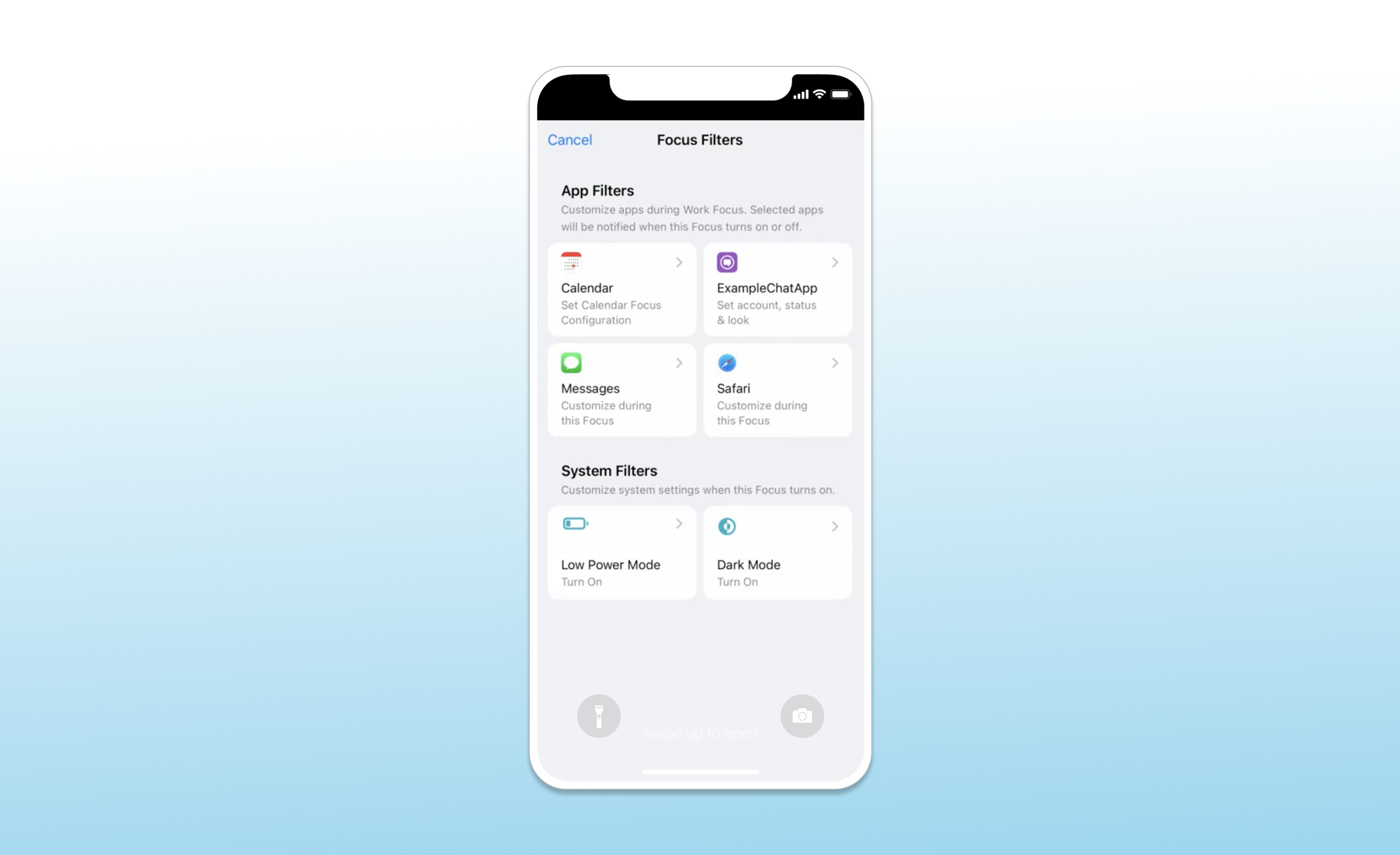 A smartphone screen displaying the Focus Filters settings, showing options for customizing app filters and system settings like Low Power Mode and Dark Mode.