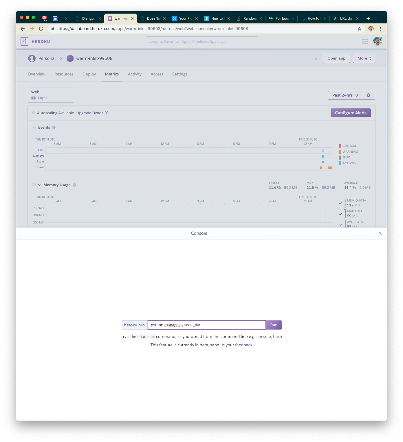 A web dashboard displaying metrics and events, with a console section showing a command input for Python. The interface includes options for configuring alerts and viewing memory usage.