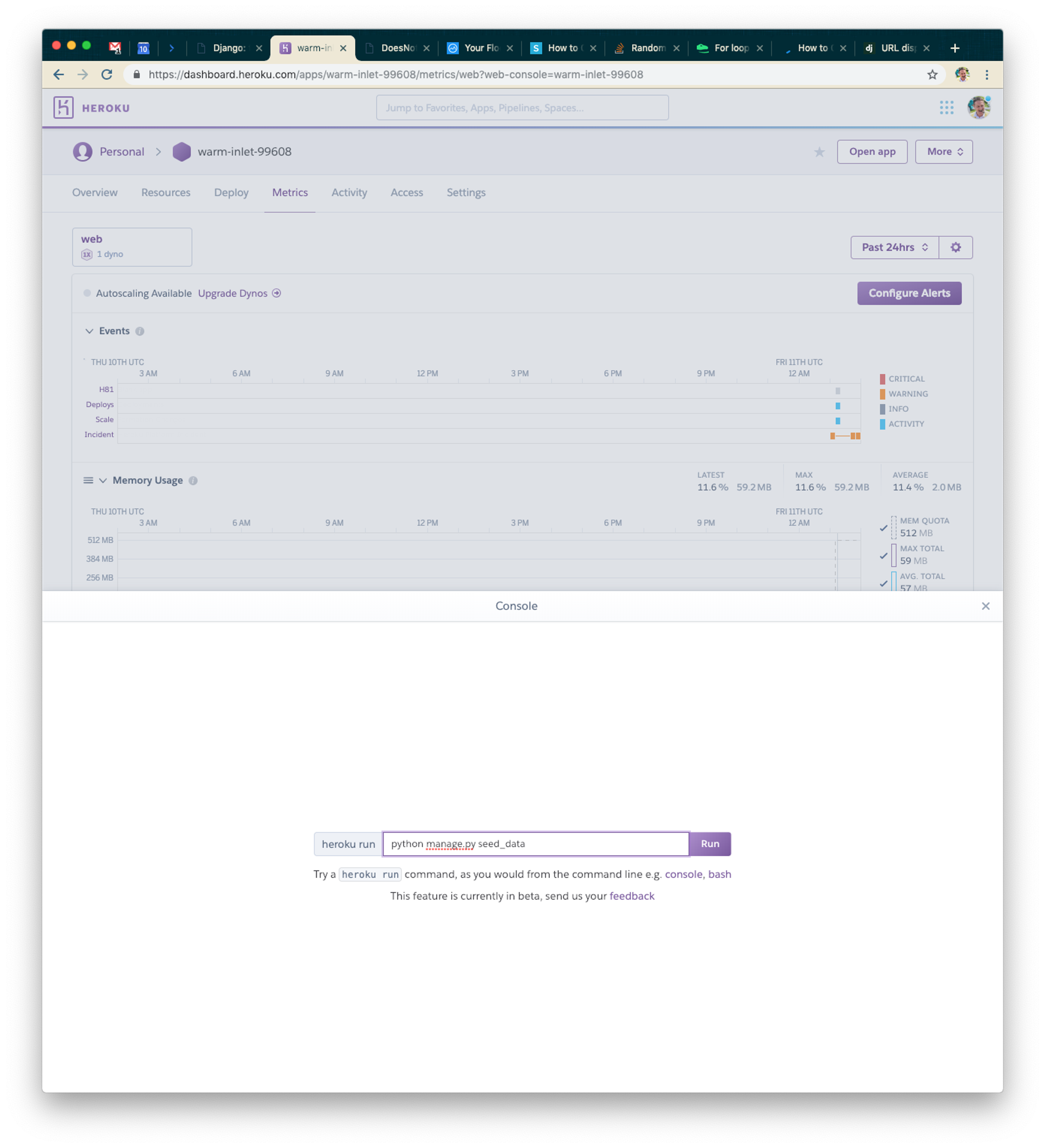 A web dashboard displaying metrics and events, with a console section showing a command input for Python. The interface includes options for configuring alerts and viewing memory usage.