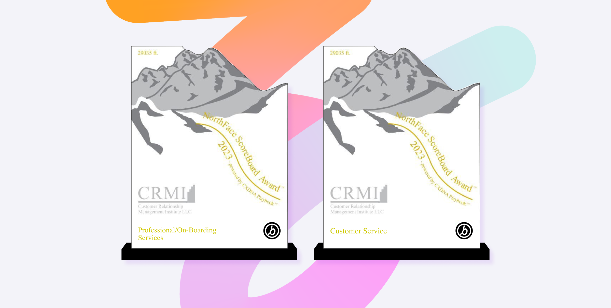 Two awards displayed side by side, featuring mountain graphics and text indicating "CRMI 2023 Awards" for "Professional On-Boarding Services" and "Customer Service.