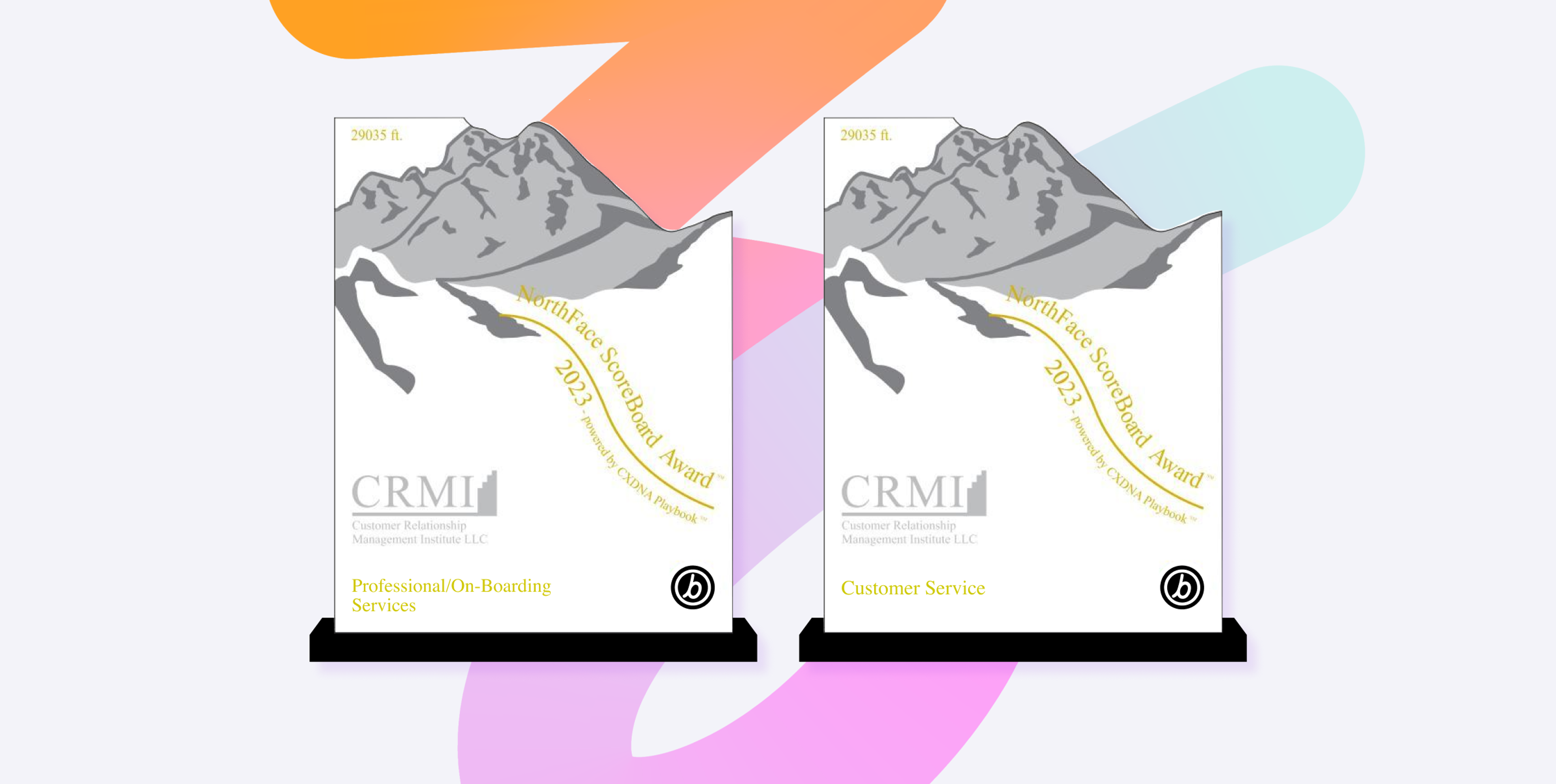 Two awards displayed side by side, featuring mountain graphics and text indicating "CRMI 2023 Awards" for "Professional On-Boarding Services" and "Customer Service.