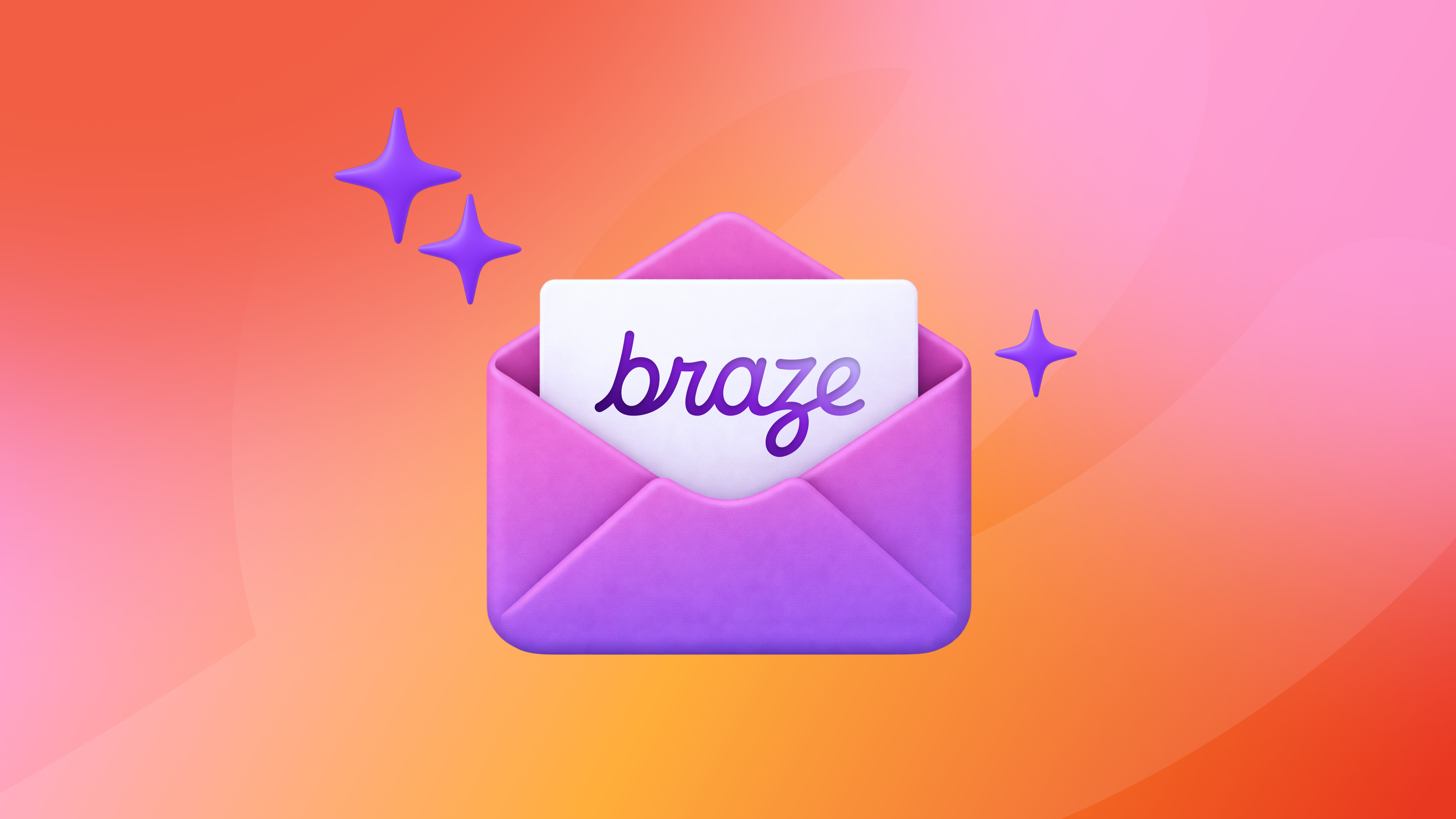 A 3D purple open envelope holds a white card with "braze" in purple cursive, surrounded by purple star shapes.
