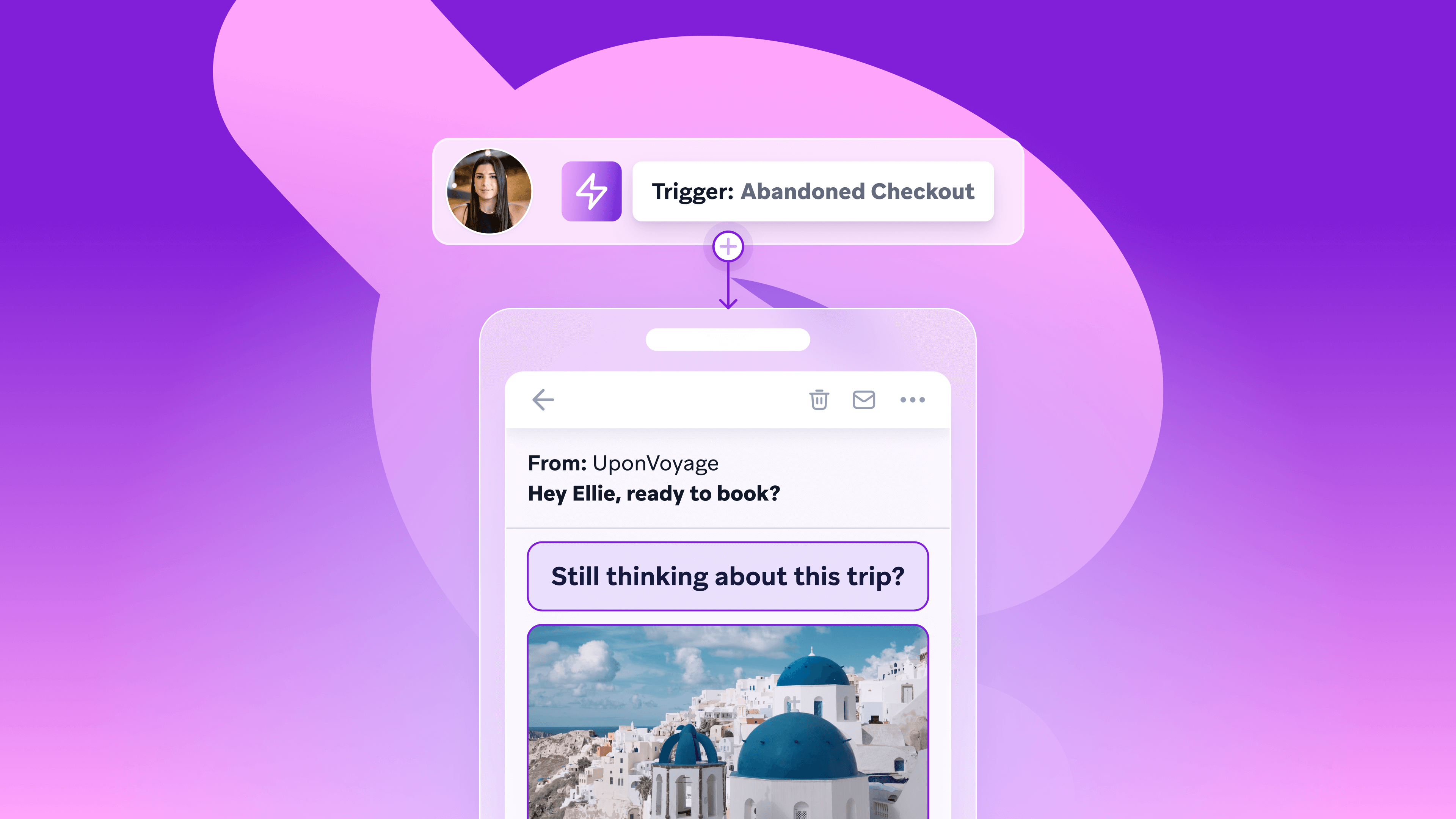 A smartphone displays an email from "UponVoyage" asking "Still thinking about this trip?", triggered by an "Abandoned Checkout."