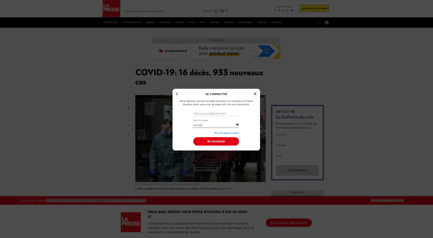 A news website displaying a COVID-19 update with statistics: 16 deaths and 933 new cases. A login prompt is visible in the foreground.